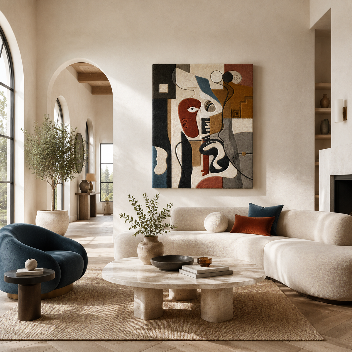 Hewn Earth Cubist Face Abstract wall art print featuring geometric shapes and bold colors on a framed canvas.