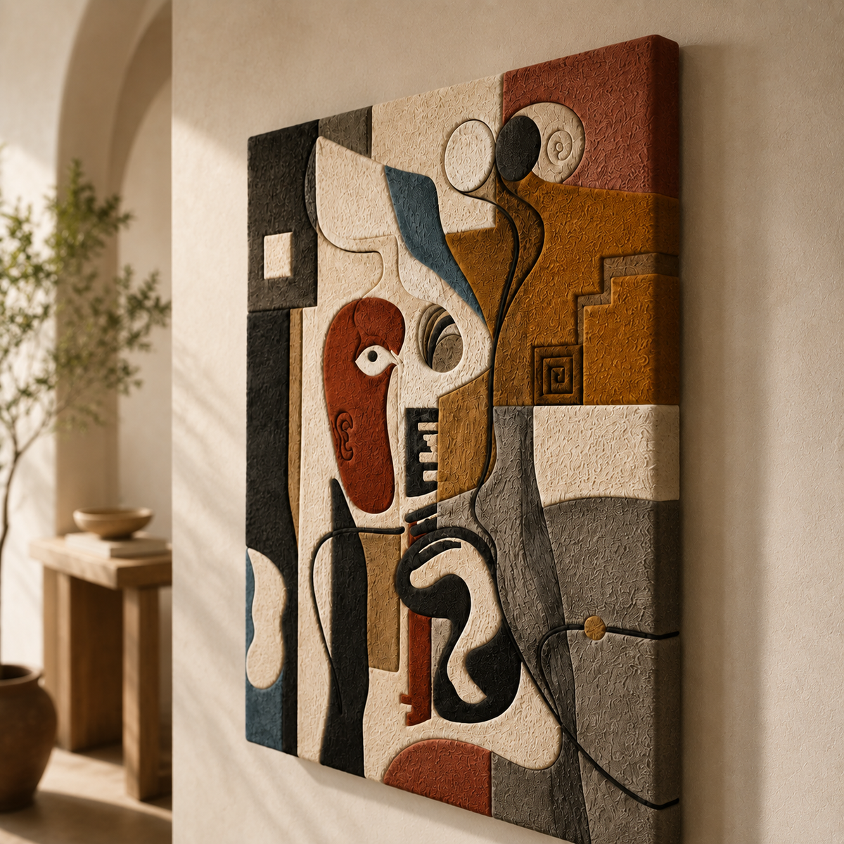 Abstract cubist face wall art by Hewn Earth, featuring geometric shapes and bold colors on a modern canvas.