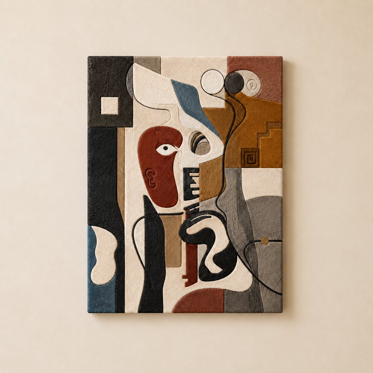 Abstract Cubist face wall art by Hewn Earth, featuring geometric shapes and bold colors for modern home decor.