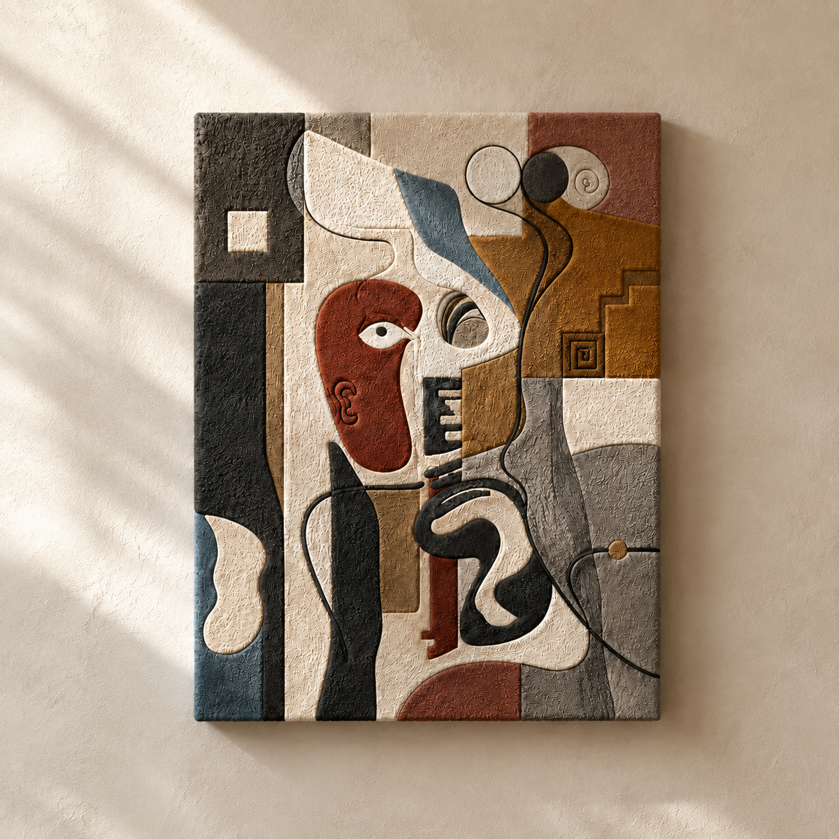 Abstract cubist face wall art by Hewn Earth, featuring geometric shapes and earthy tones in a modern, artistic design.