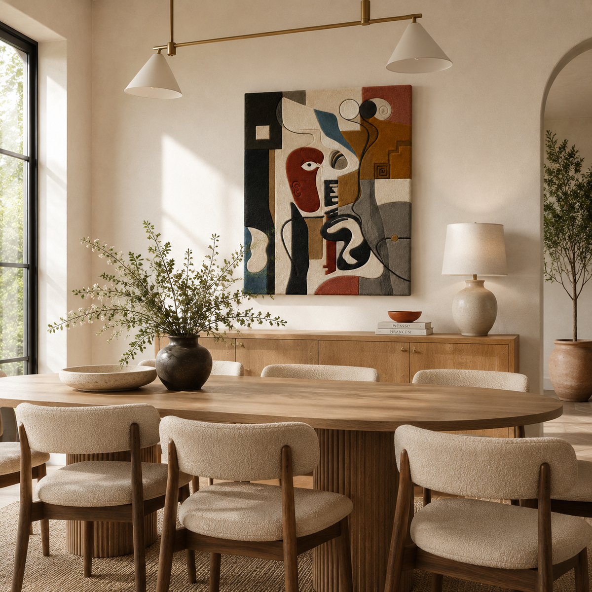 Abstract cubist face wall art by Hewn Earth, featuring geometric shapes and earthy tones in a modern art design.