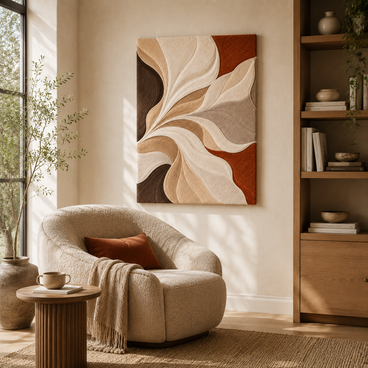 Hewn Earth Swirling Leaves Abstract wall art featuring vibrant leaf patterns on a canvas or print.