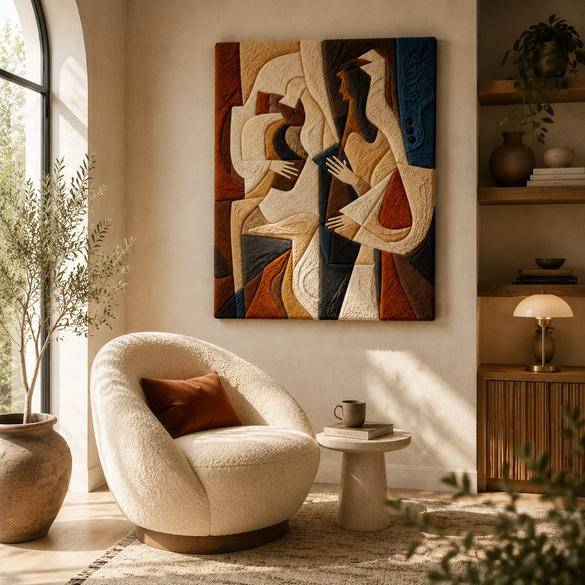 Hewn Earth Cubist Figures wall art, HE-0116, featuring geometric abstract sculptures in a modern, artistic display.