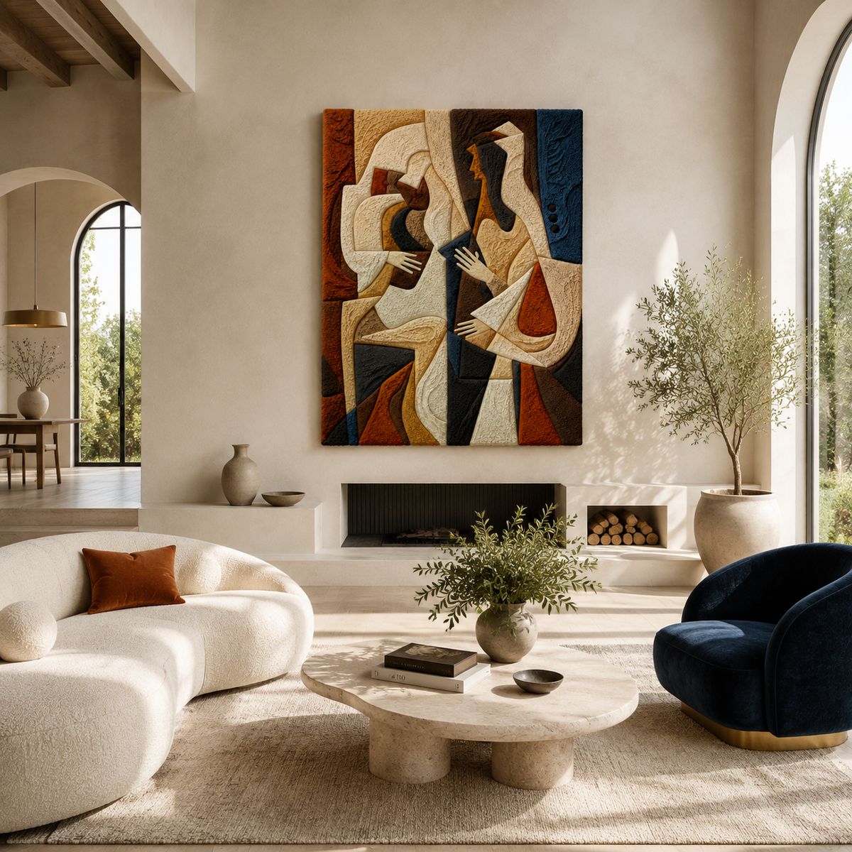 Hewn Earth Cubist Figures wall art, abstract geometric shapes in neutral tones, modern home decor piece.