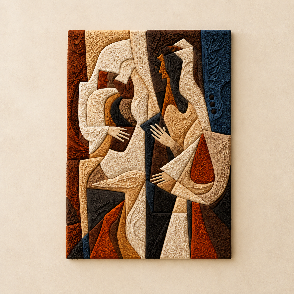 Hewn Earth Cubist Figures wall art, abstract geometric sculpture in neutral tones, modern home decor piece