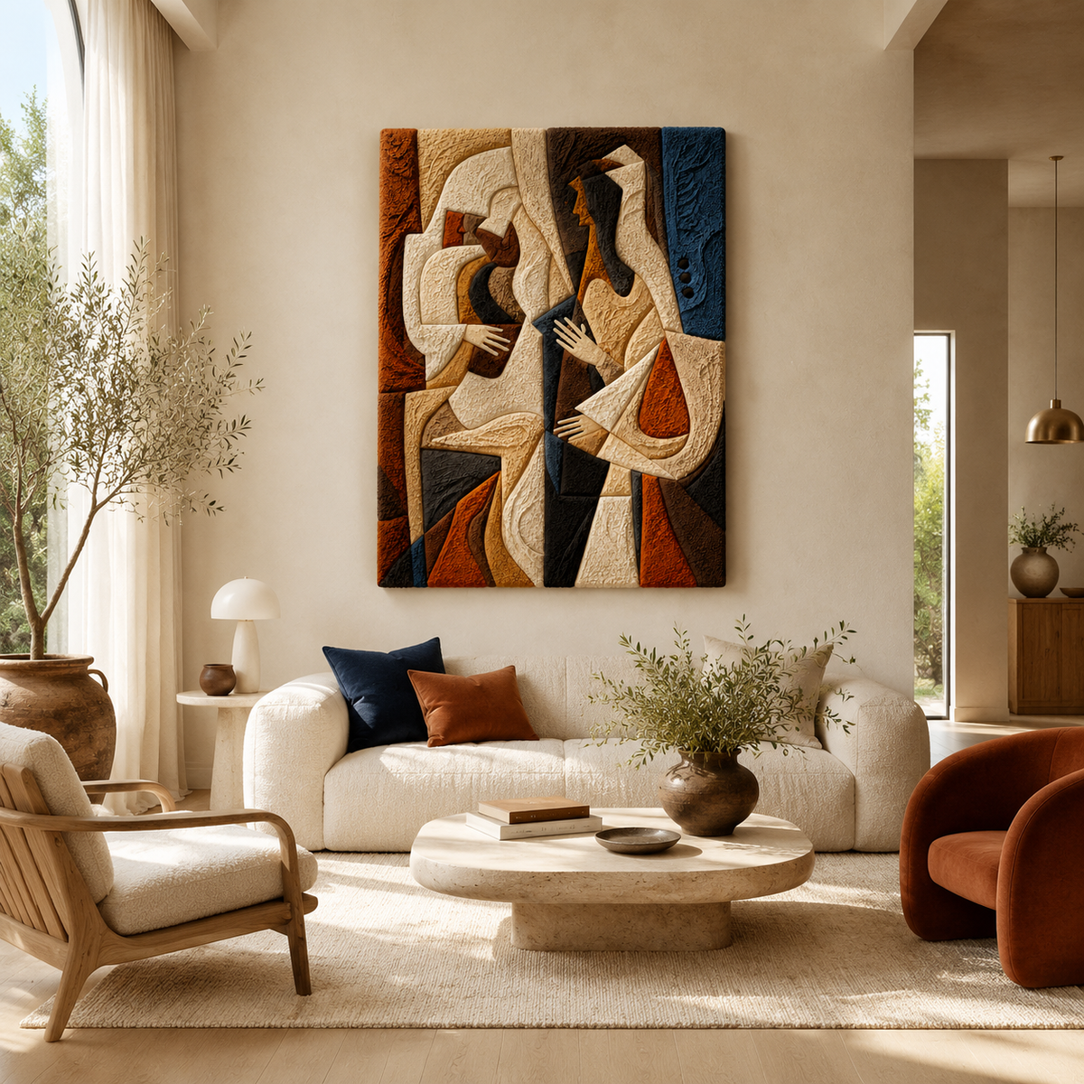 Colorful Cubist Figures wall art by Hewn Earth, featuring geometric abstract shapes on a canvas.