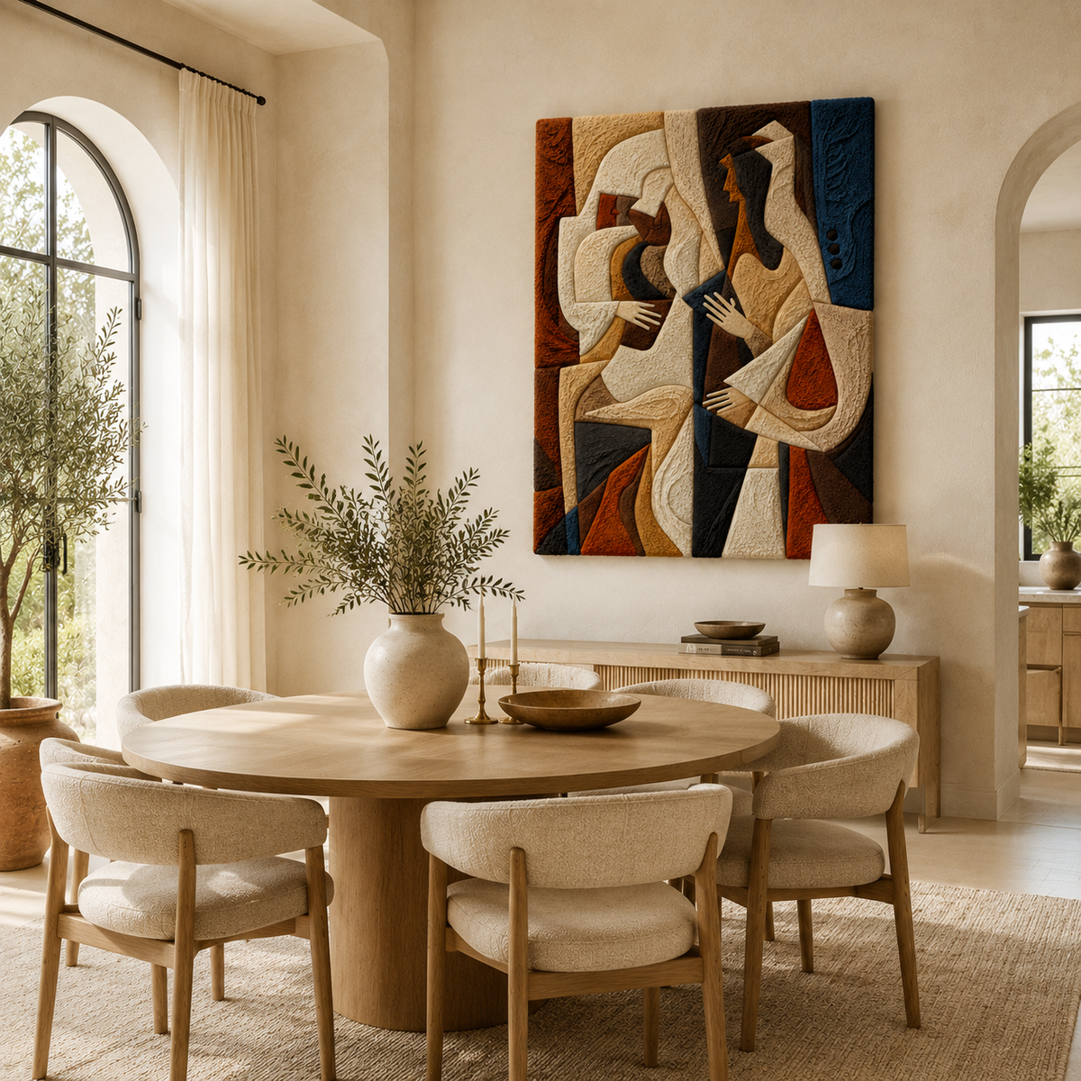 Hewn Earth Cubist Figures wall art featuring abstract geometric shapes in muted tones on a neutral background.