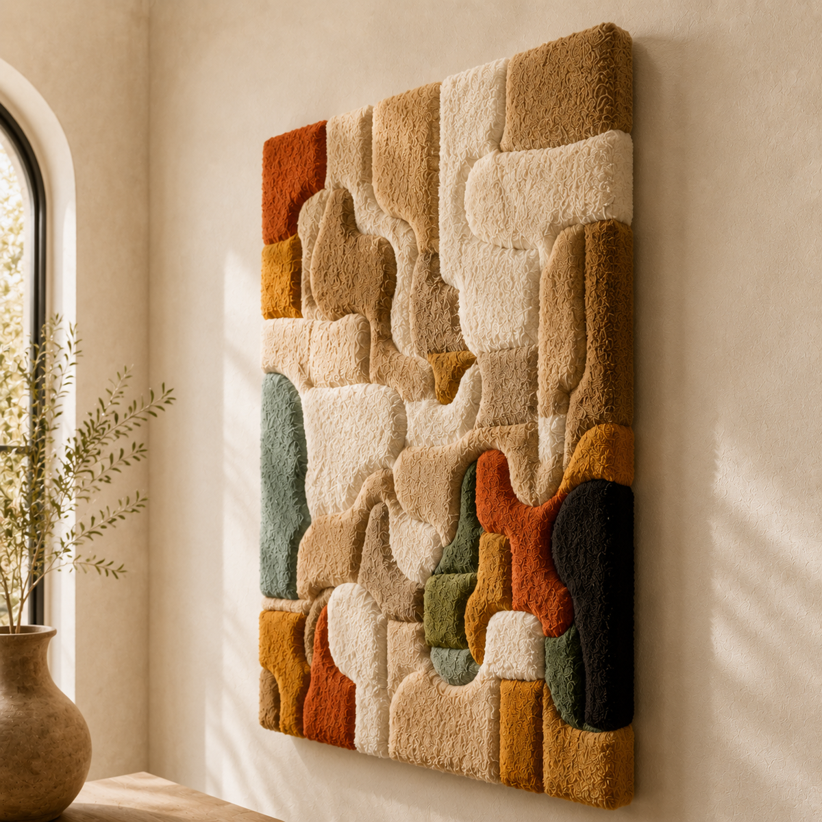 Organic abstract wall art puzzle by Hewn Earth, featuring vibrant colors and intricate geometric patterns for modern home decor.