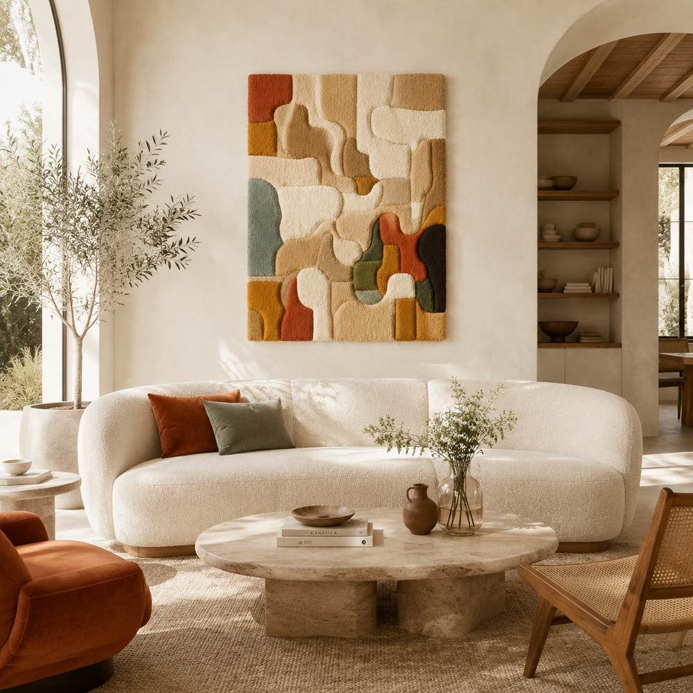 Hewn Earth Puzzle Organic Abstract wall art featuring vibrant, flowing shapes in a colorful organic design for modern interior decor.