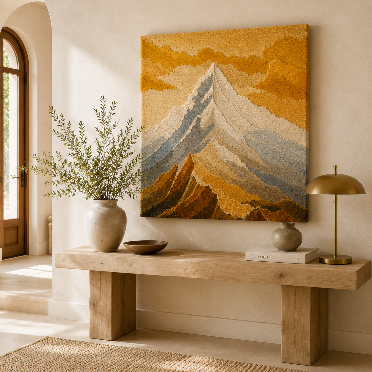 Hewn Earth Mountain Landscape wall art featuring a scenic mountain view with trees and sky, suitable for home decor.