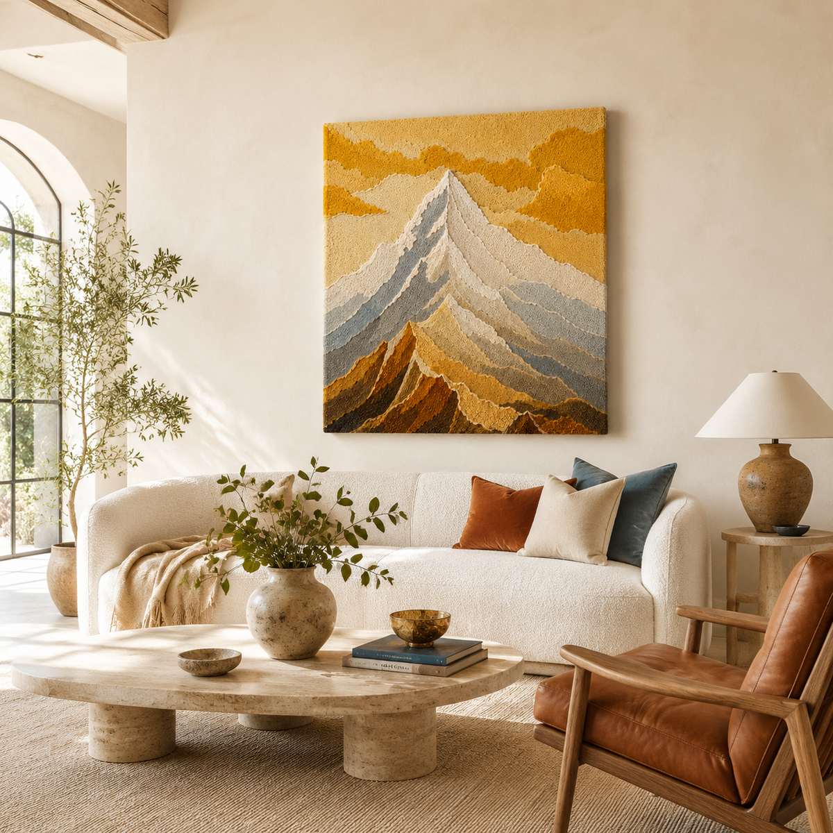 Hewn Earth Mountain Landscape Wall Art featuring a scenic mountain scene with lush greenery and clear blue sky.