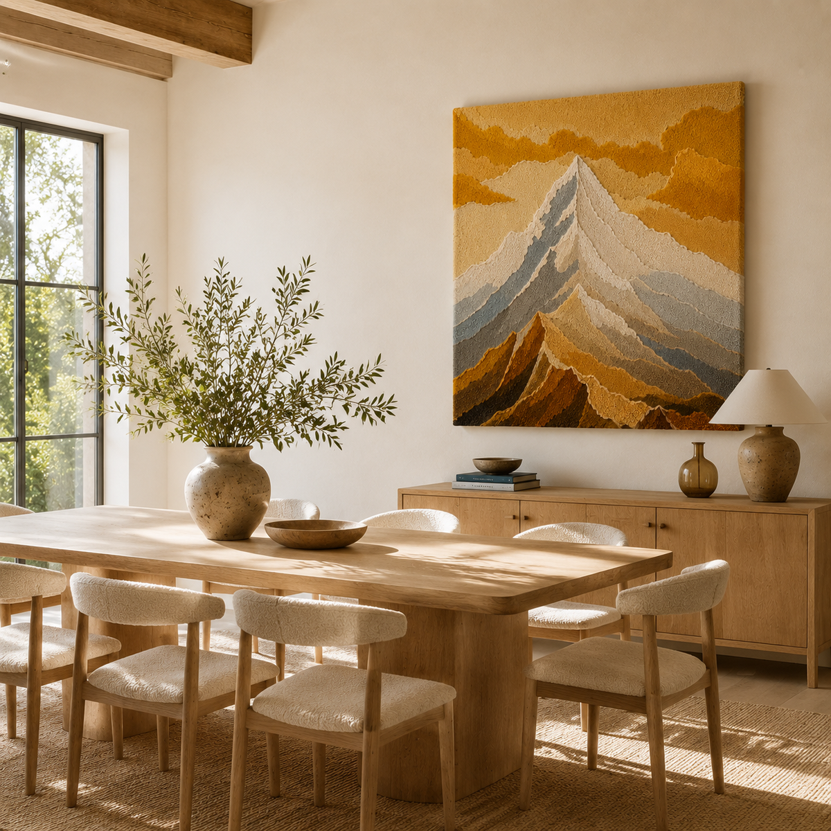 Mountain landscape wall art by Hewn Earth featuring a scenic mountain view with lush greenery and a clear sky.