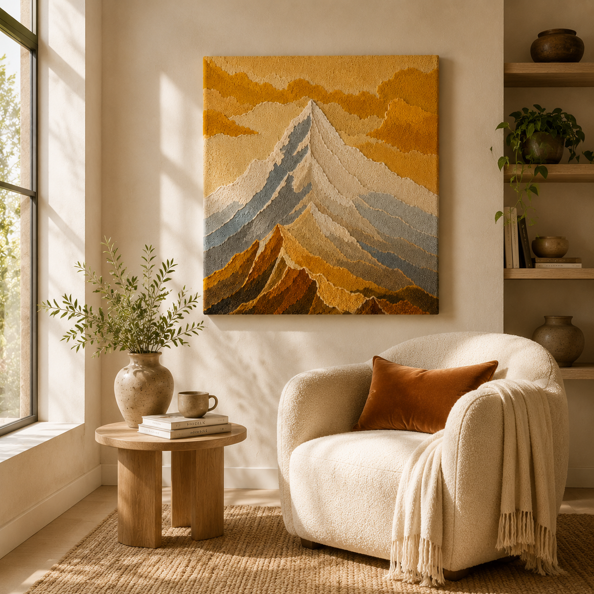 Hewn Earth Mountain Landscape wall art featuring a scenic mountain scene with rugged peaks and natural earthy tones.