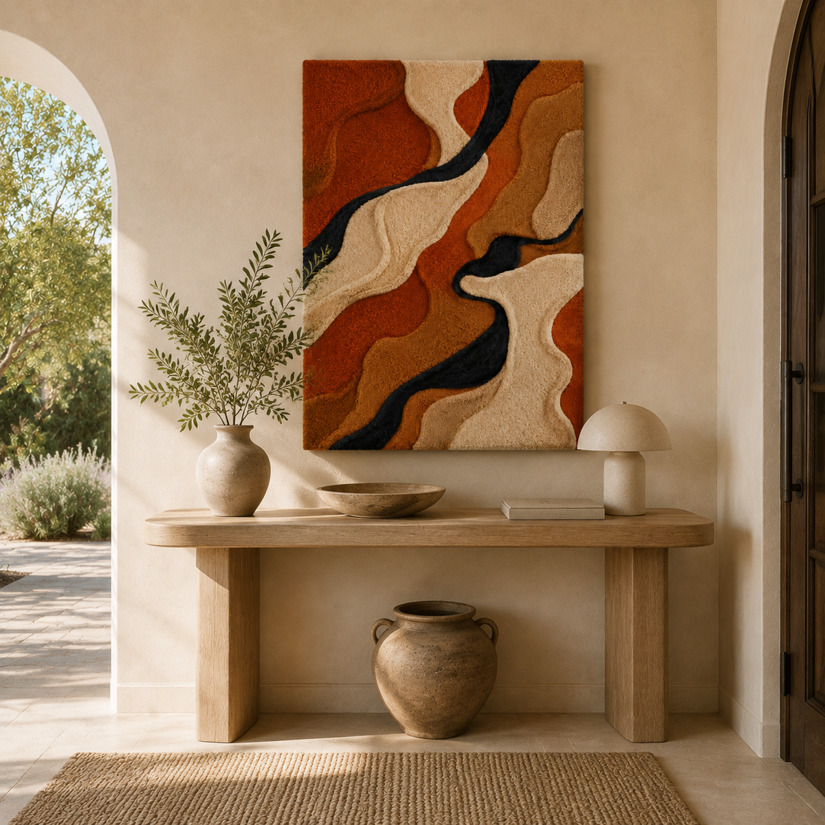 Hewn Earth Desert Canyon Waves wall art, abstract landscape painting with warm earthy tones, suitable for modern home decor.