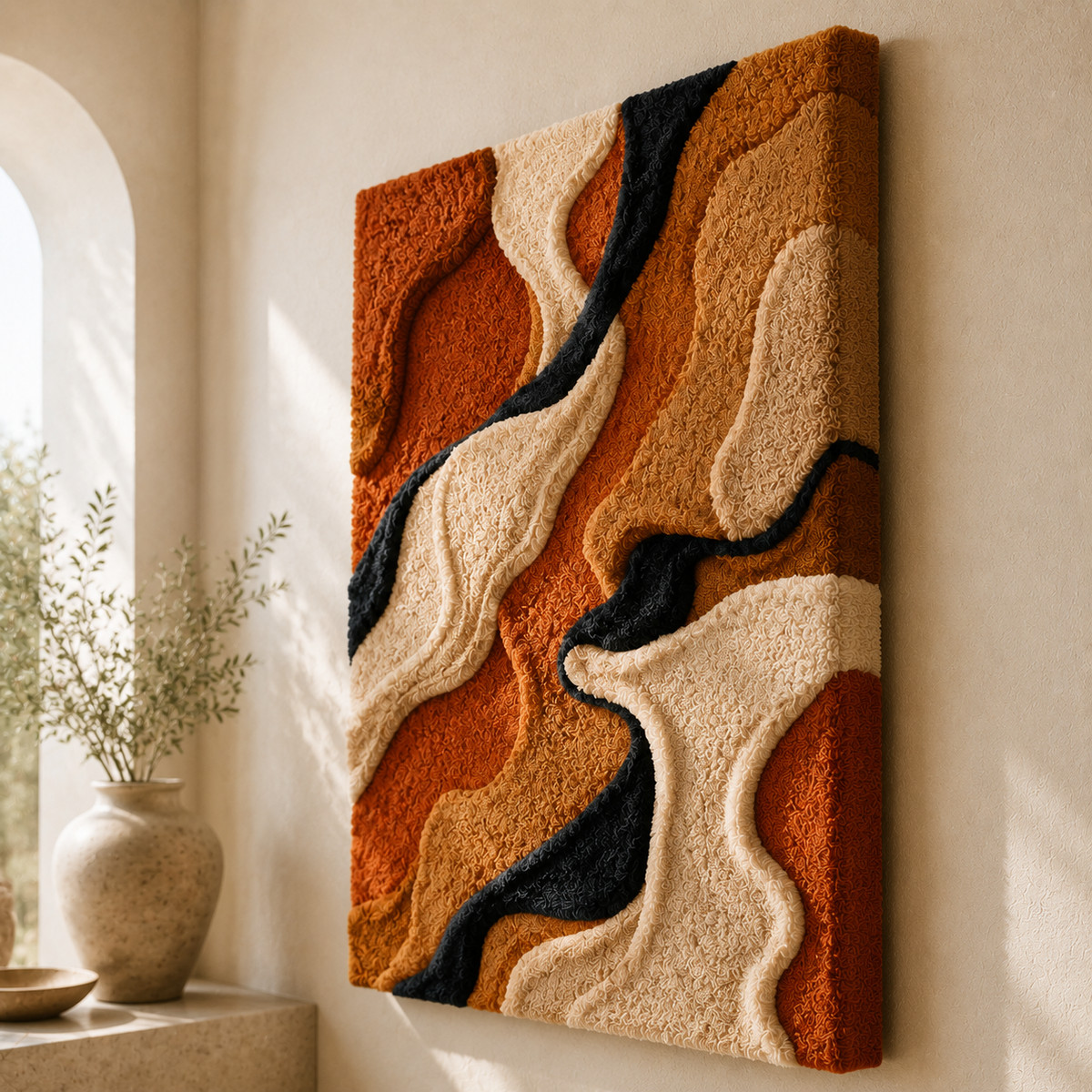 Hewn Earth Desert Canyon Waves wall art, abstract desert landscape painting with earthy tones and wave patterns.