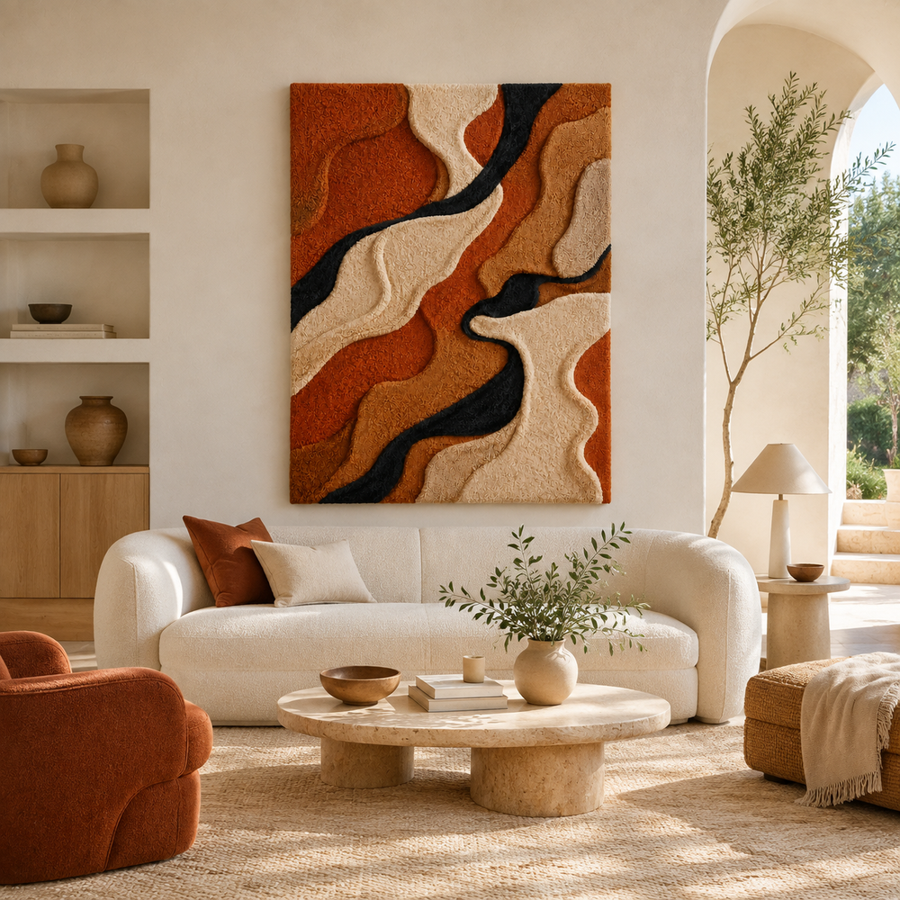 Hewn Earth Desert Canyon Waves wall art, abstract landscape painting with warm tones, perfect for modern interior decor.