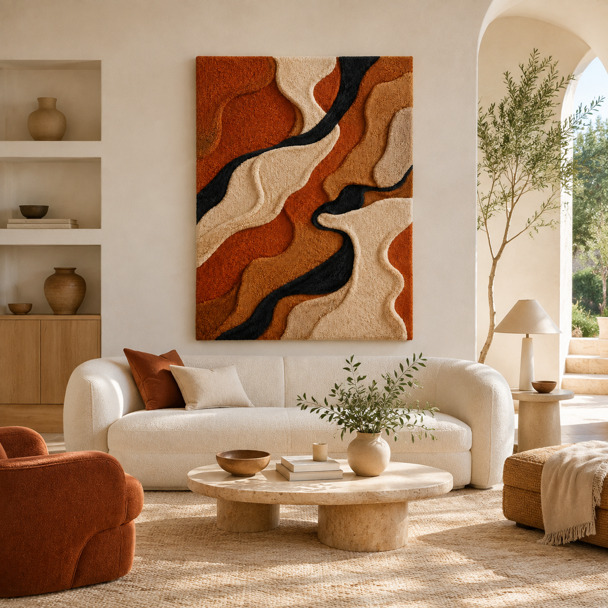 Hewn Earth Desert Canyon Waves wall art, abstract landscape painting with warm tones, perfect for modern interior decor.
