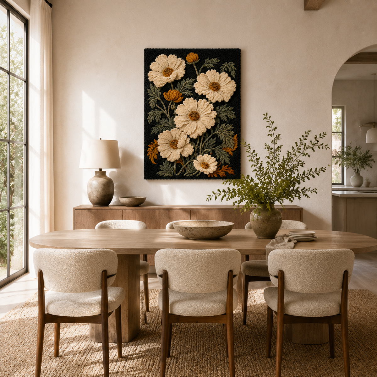 Cream Cosmos wall art by Hewn Earth featuring a black background with cream-colored floral design, modern and artistic decor piece