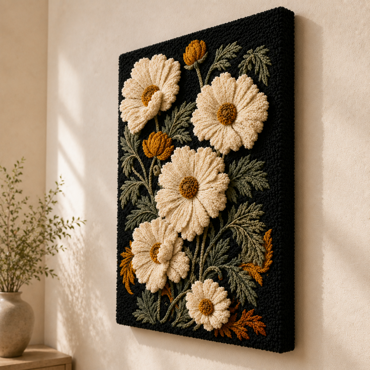 Cream cosmos wall art by Hewn Earth featuring a black background, showcasing a botanical illustration in a natural, artistic style.