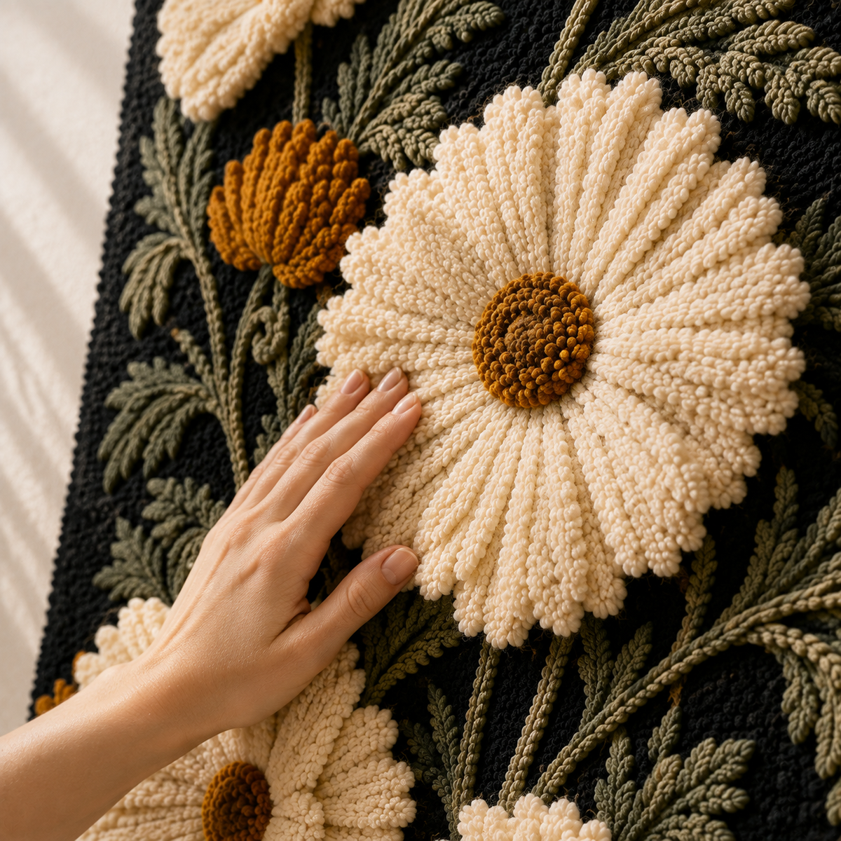 Cream cosmos wall art on black background by Hewn Earth, featuring a detailed floral design for home decor.