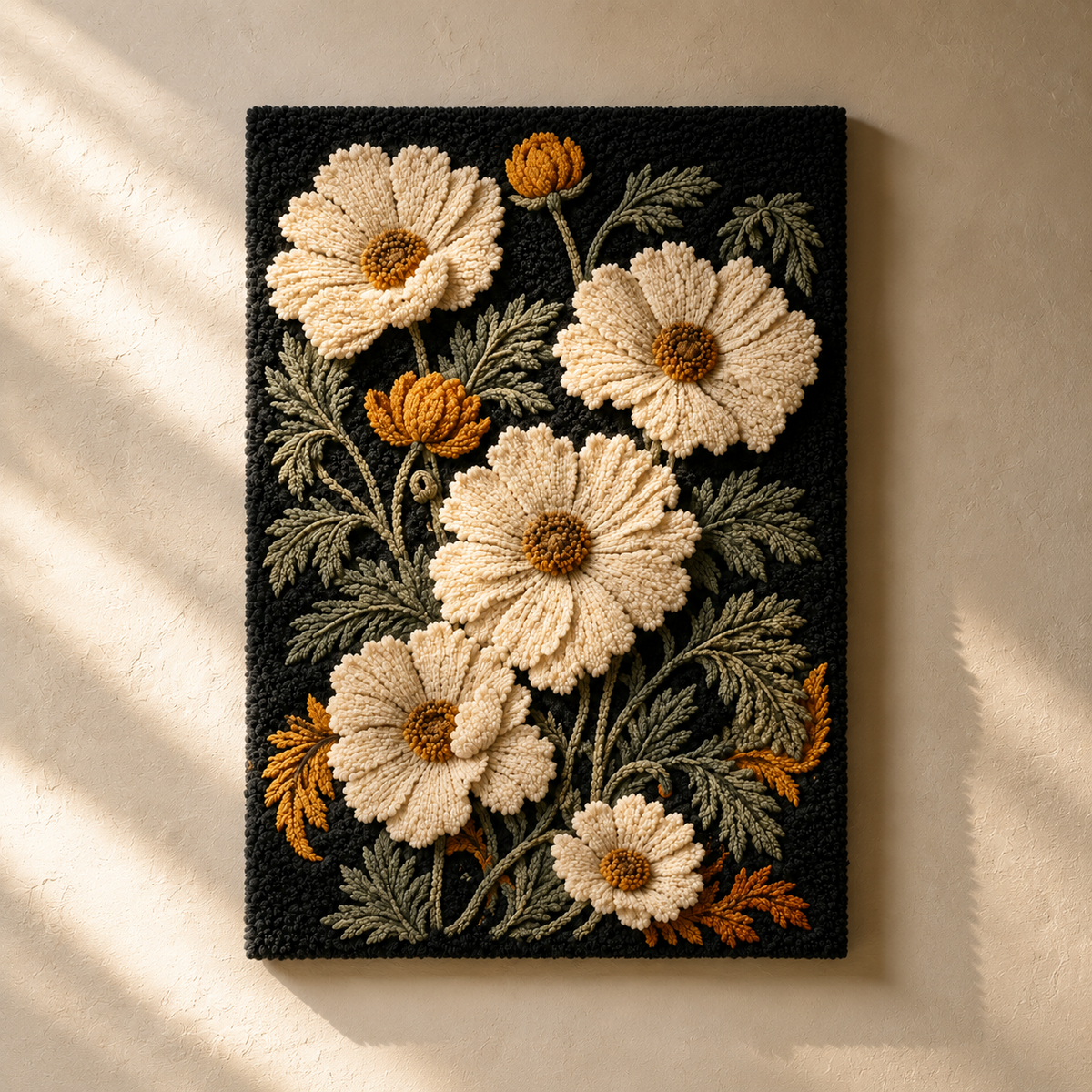 Cream cosmos wall art by Hewn Earth featuring a black background, showcasing a detailed and vibrant botanical design.