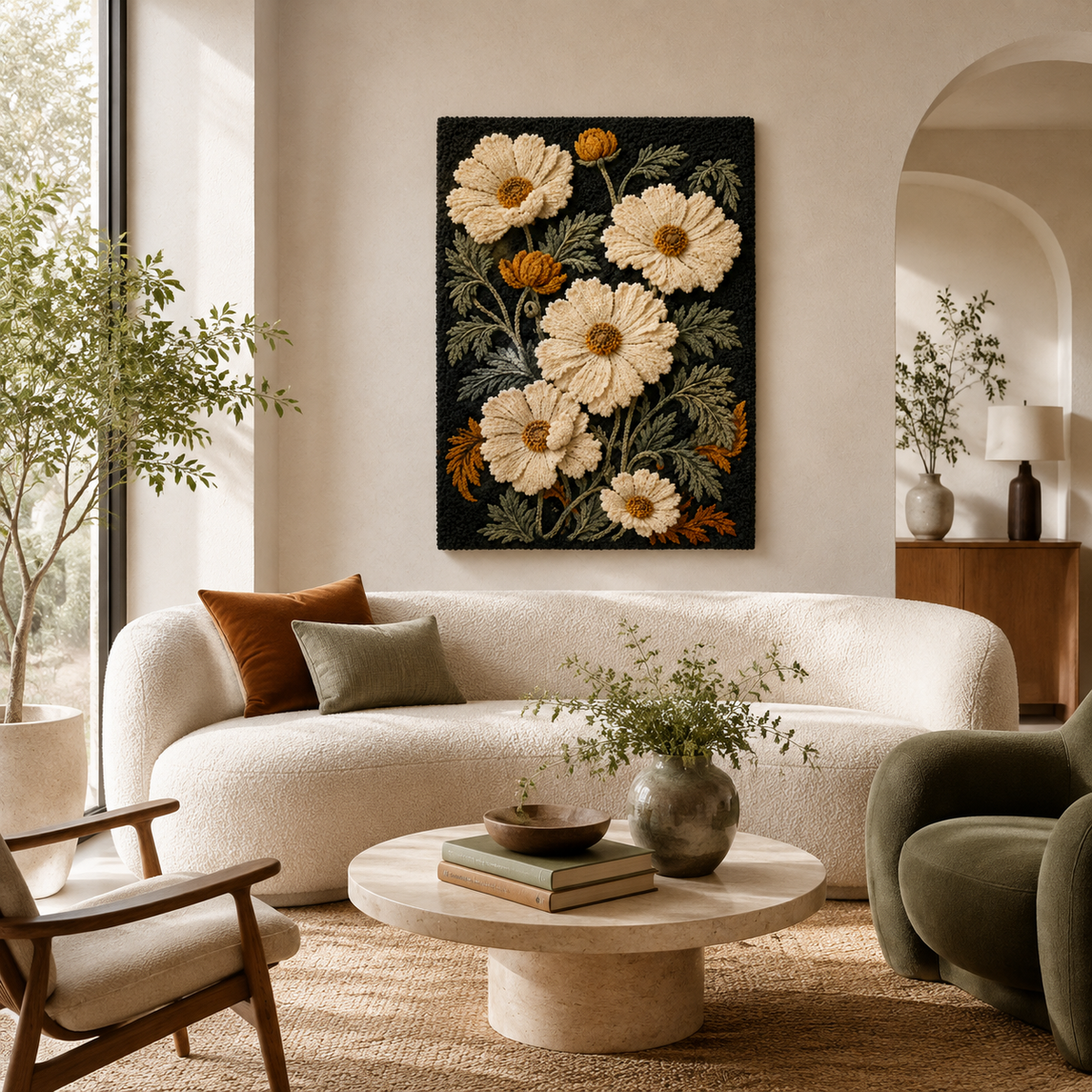 Cream cosmos wall art by Hewn Earth featuring a black background, showcasing a detailed botanical design for home decor.