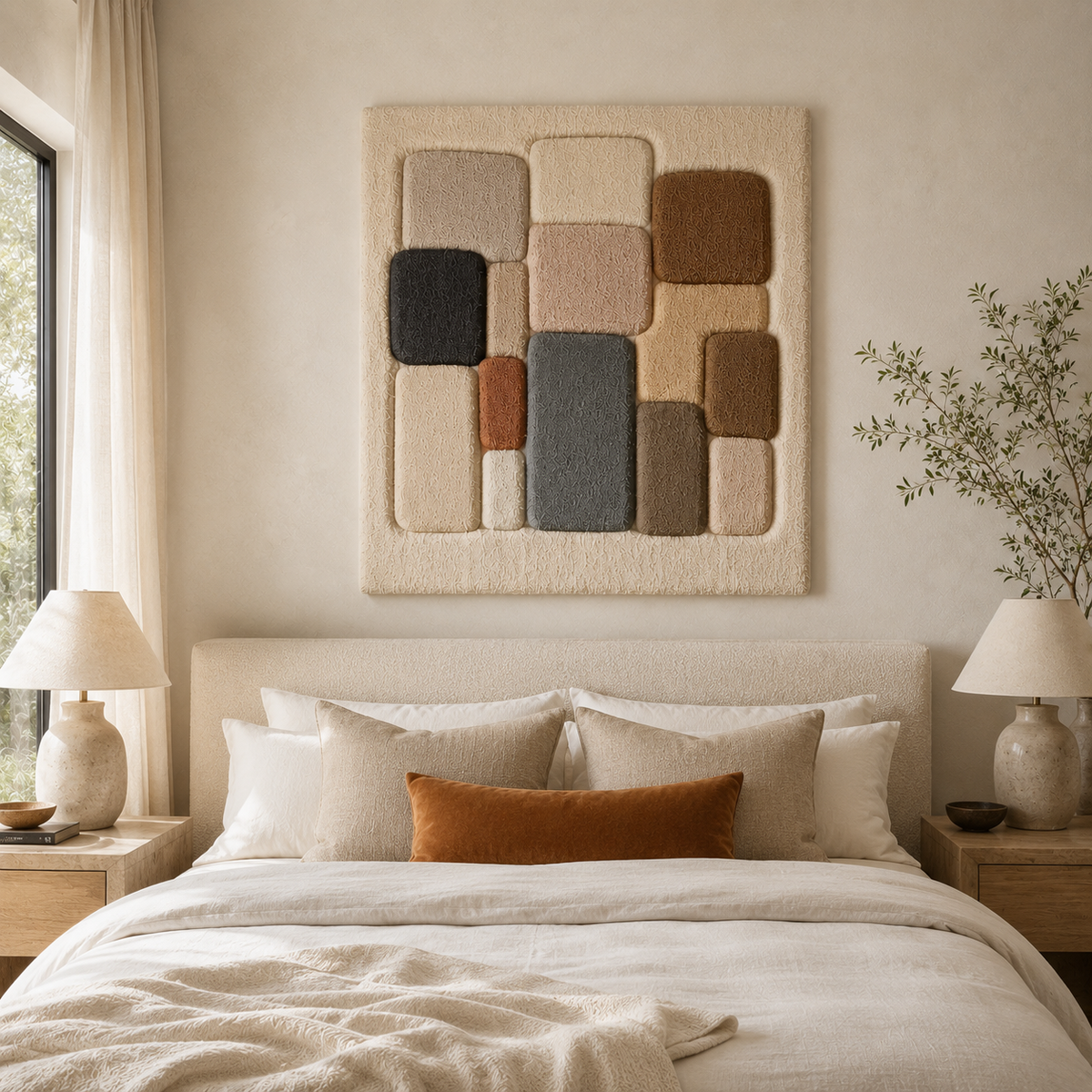 Neutral color block grid wall art by Hewn Earth featuring modern geometric design on a white background.
