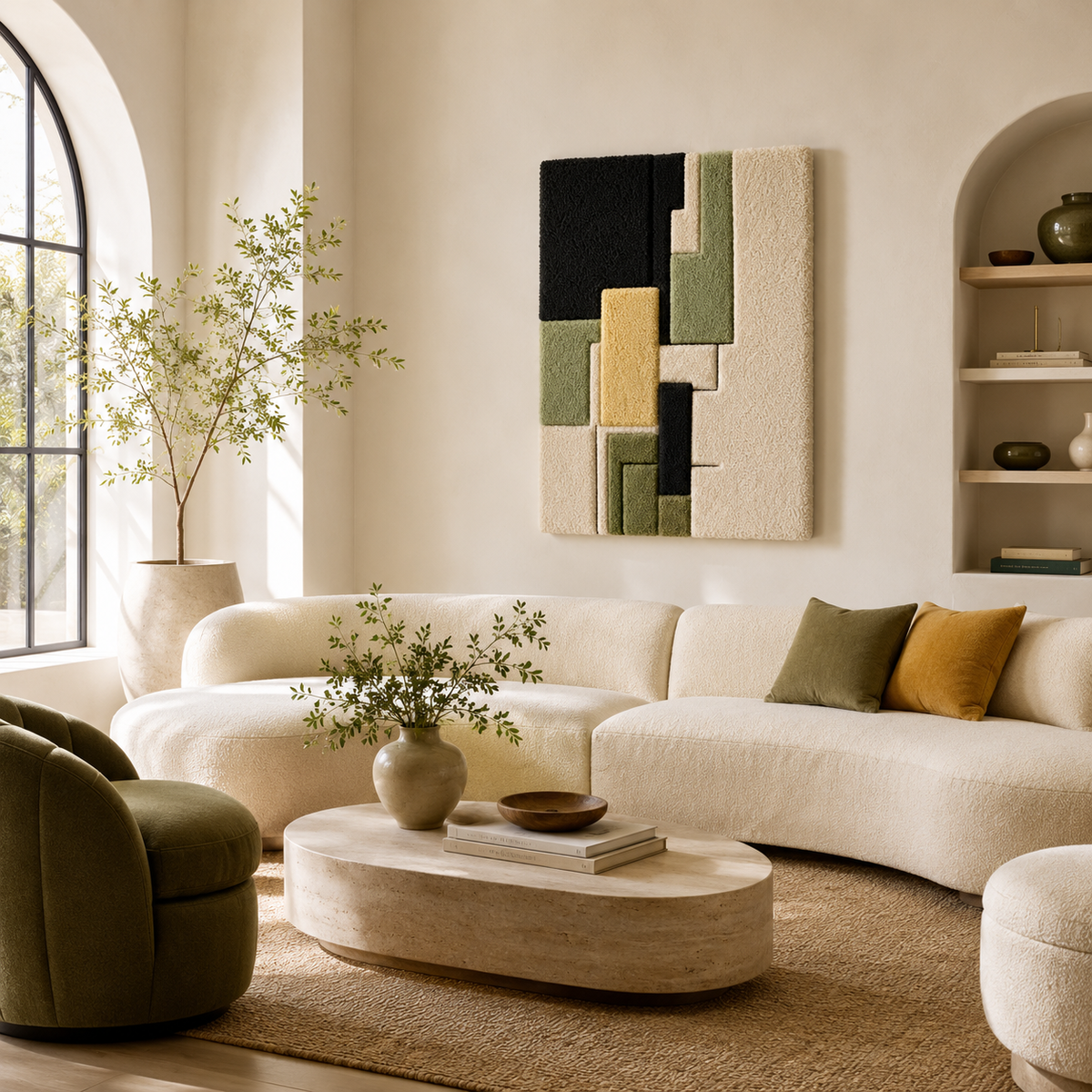 Hewn Earth Meadow Blocks wall art featuring abstract green and beige geometric shapes on a textured background.