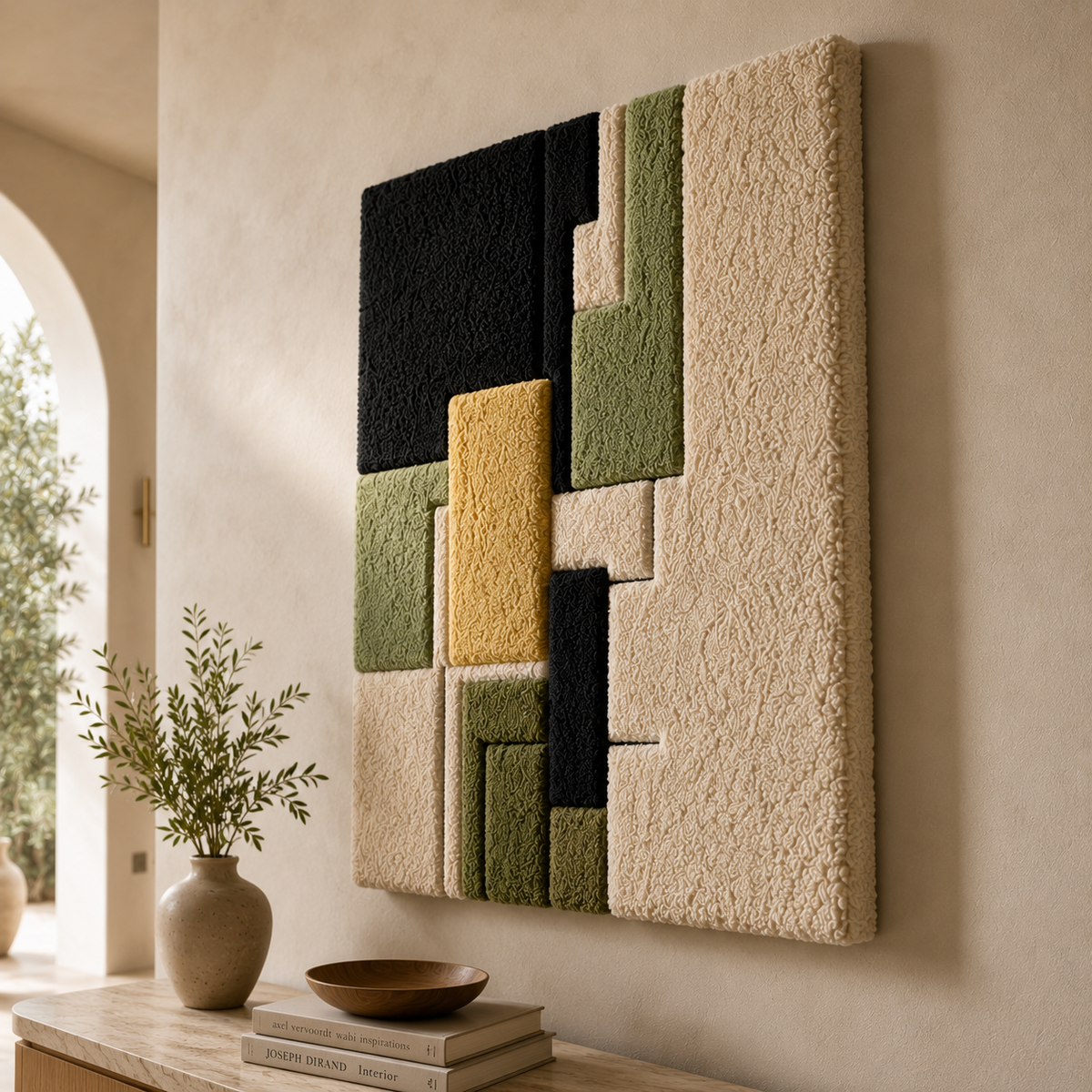 Colorful Meadow Blocks wall art by Hewn Earth featuring vibrant, geometric wooden blocks arranged in a modern decorative design.