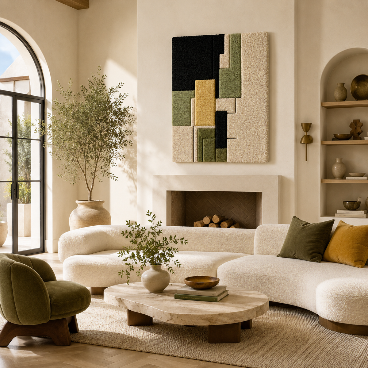 Hewn Earth Meadow Blocks wall art with green and beige geometric shapes, modern design for contemporary interior decor.