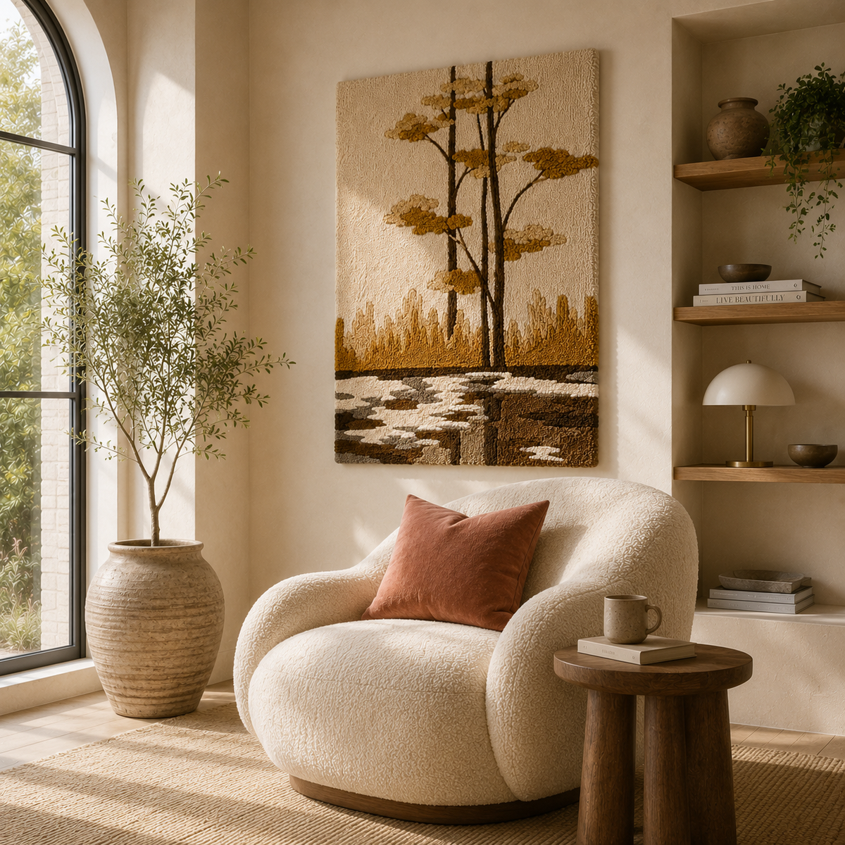 Hewn Earth Pine Reflection wall art featuring a serene pine tree reflection scene, suitable for modern interior decor.