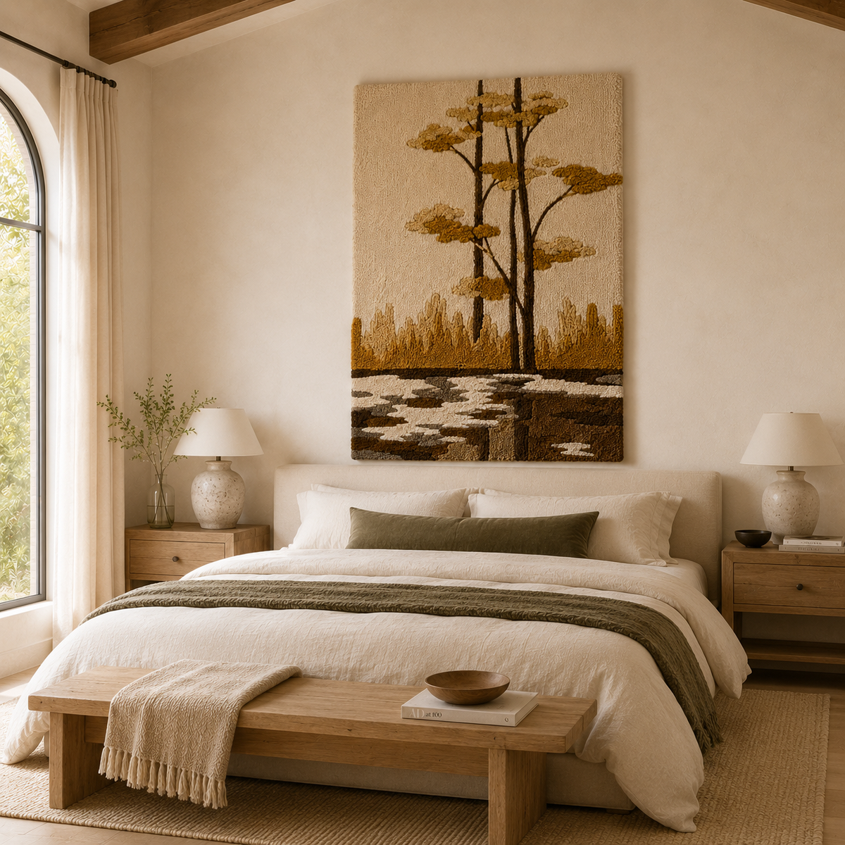 Hewn Earth Pine Reflection Wall Art featuring a wooden pine tree silhouette on natural canvas for rustic home decor.