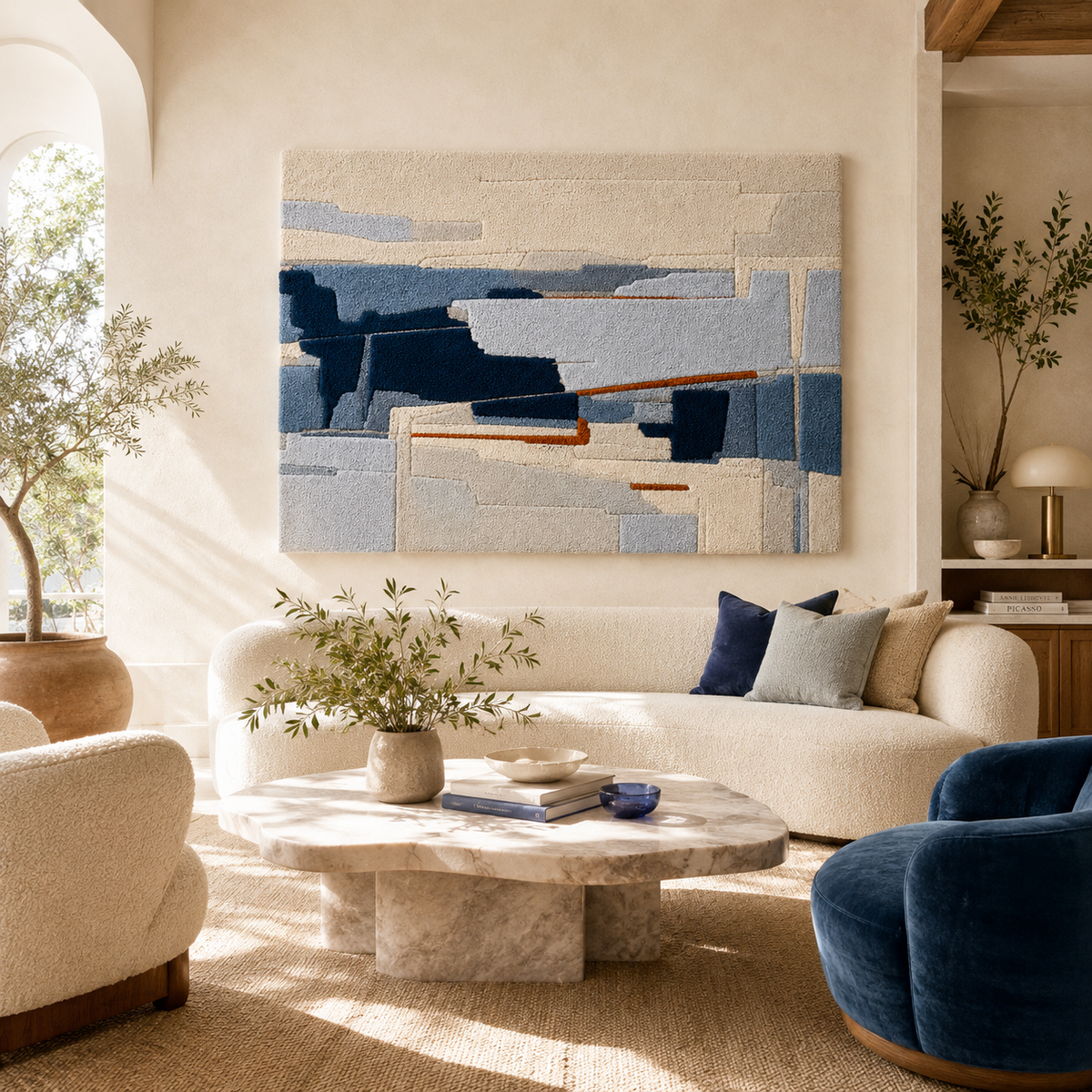 Blue Tide Fragment wall art by Hewn Earth featuring abstract blue and white ocean-inspired design on canvas.
