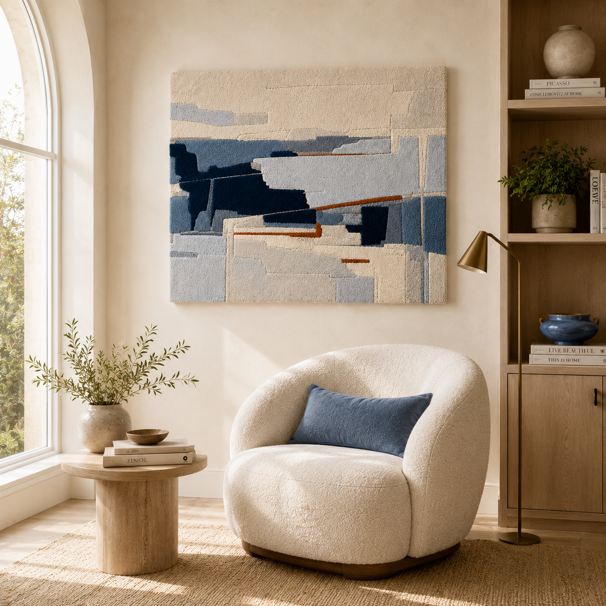 Blue Tide Fragment wall art by Hewn Earth featuring abstract blue and gray geometric shapes on a textured background.