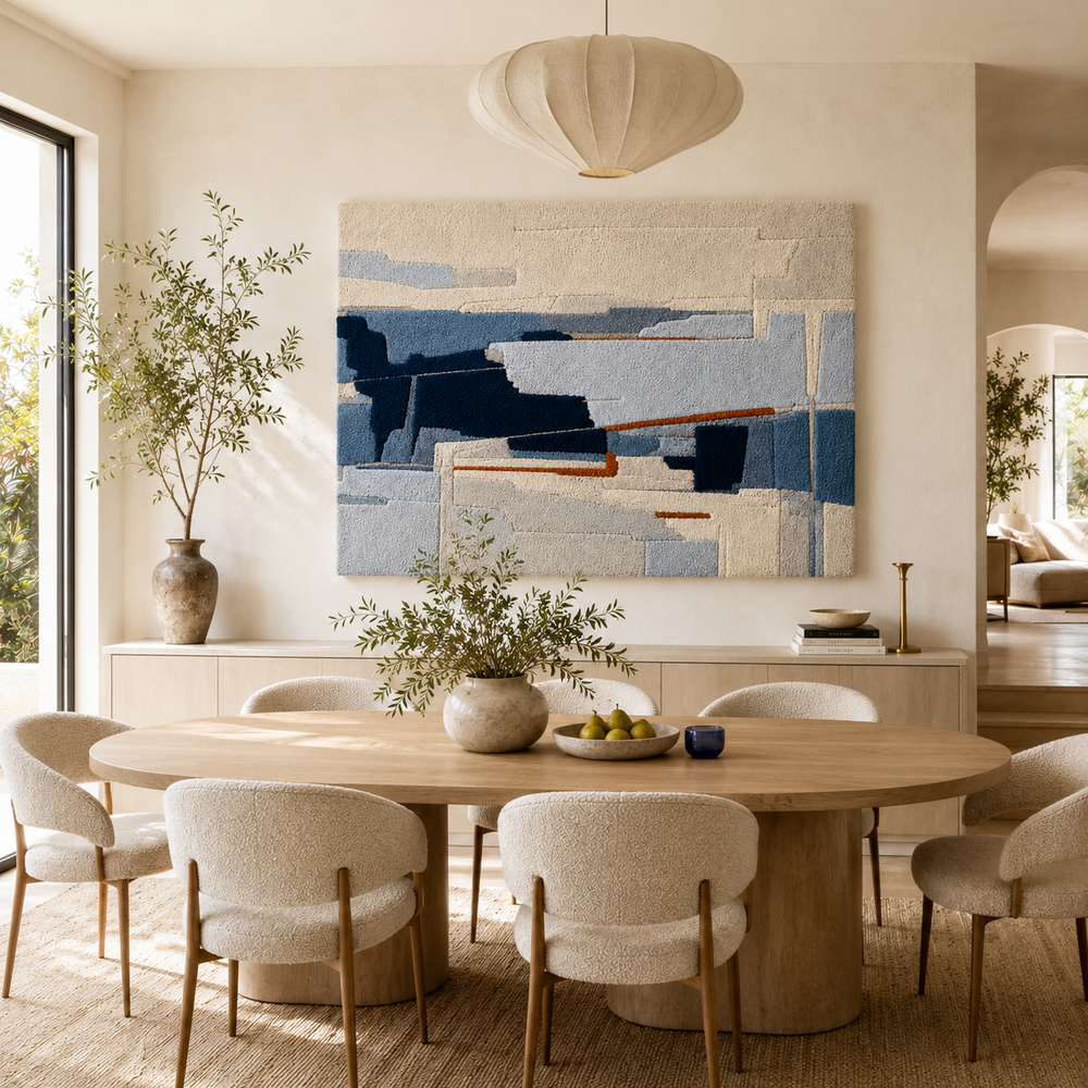 Blue Tide Fragment wall art by Hewn Earth featuring abstract blue and white textured design on canvas.