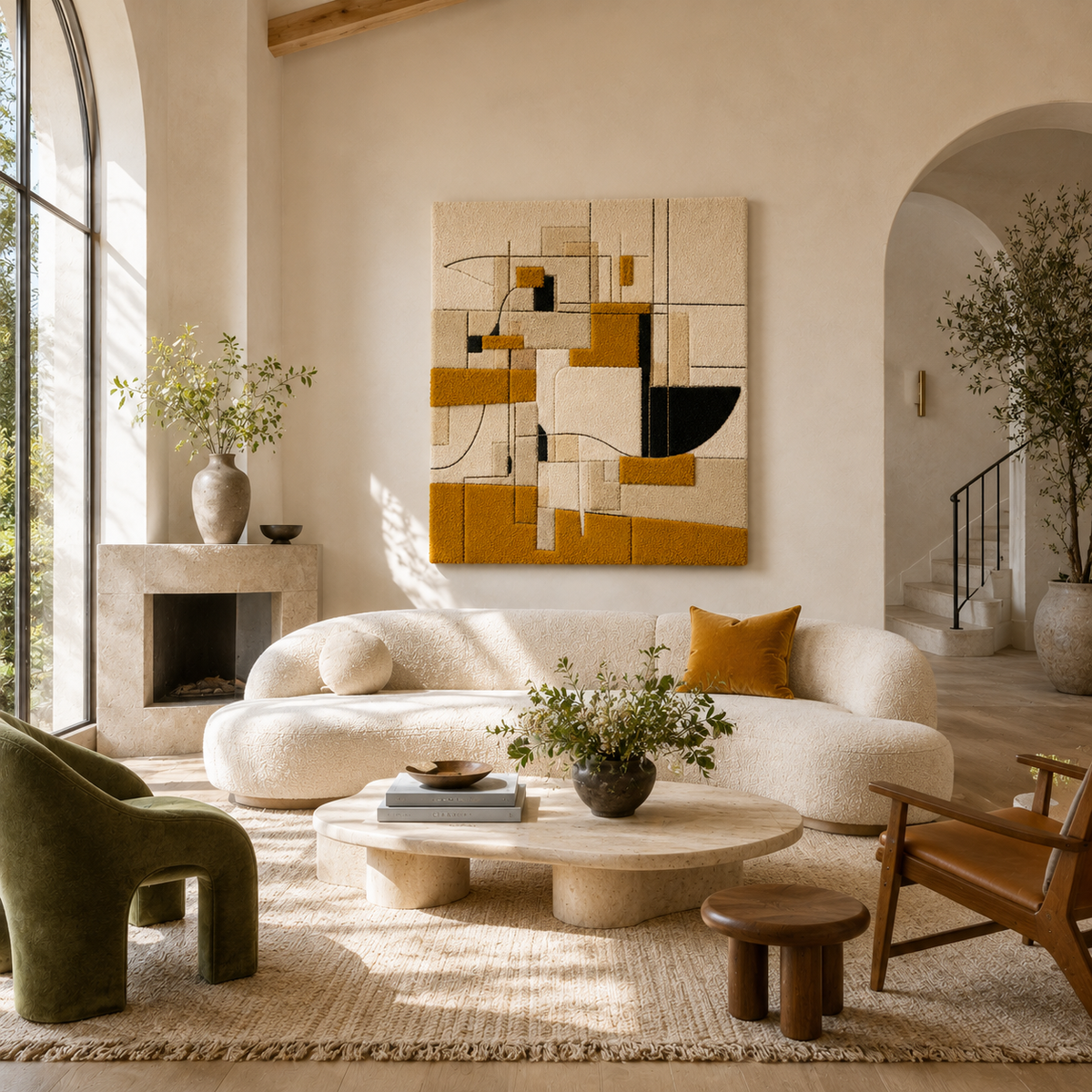 Hewn Earth Mustard Composition wall art featuring abstract mustard yellow and brown tones on textured canvas.