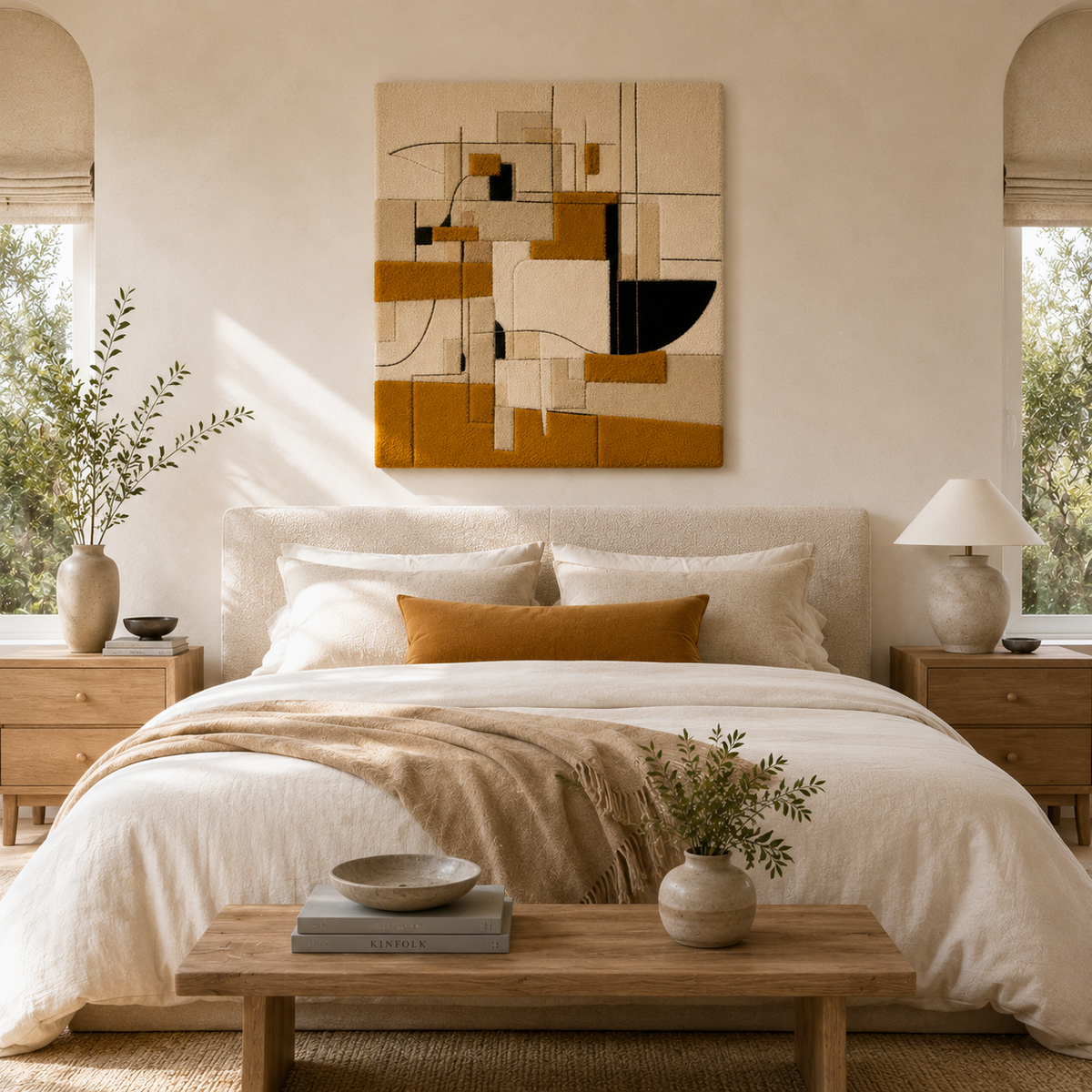 Hewn Earth Mustard Composition wall art featuring abstract mustard yellow and brown tones on textured canvas.