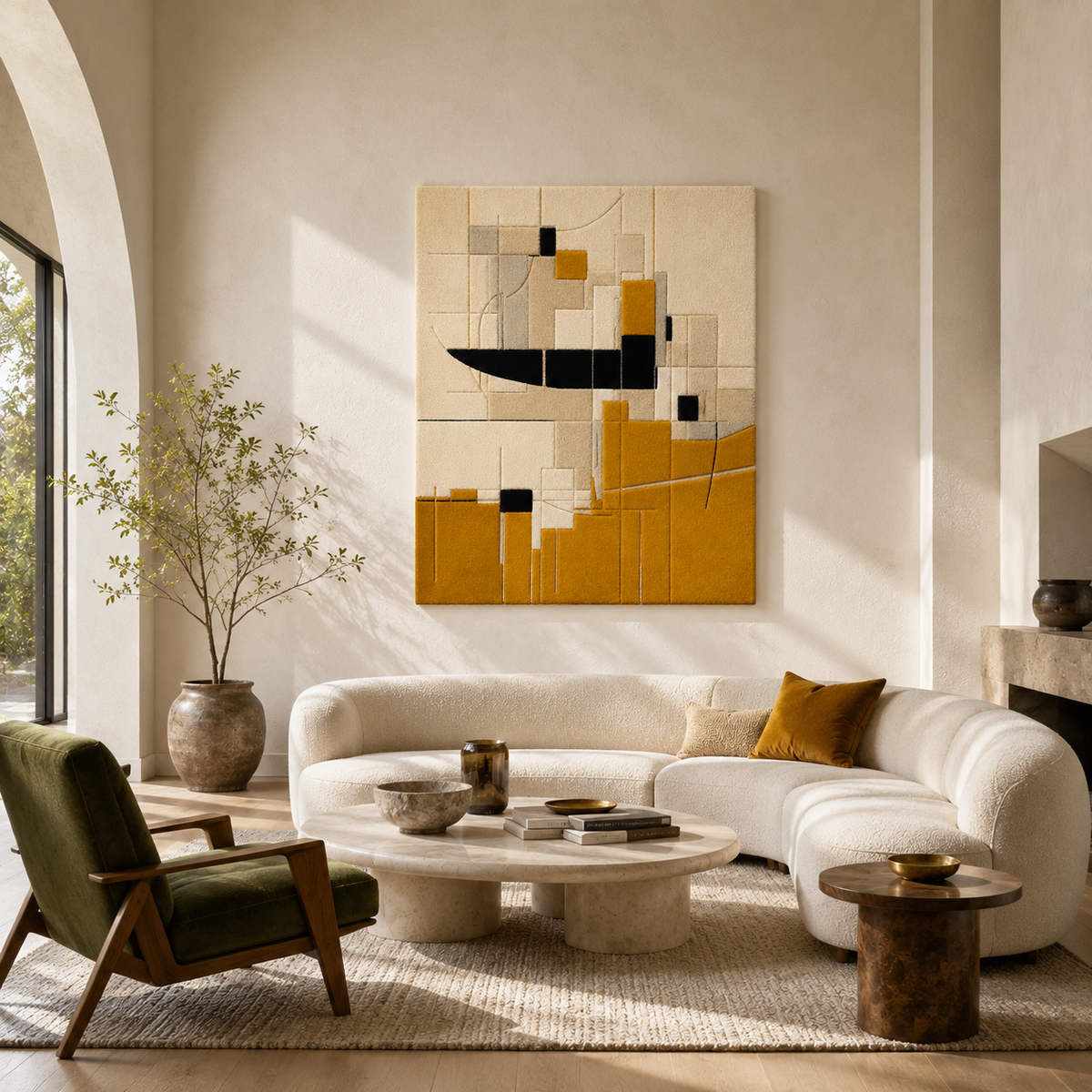 Hewn Earth Mustard Composition II wall art featuring abstract mustard yellow and earthy tones on a textured canvas.