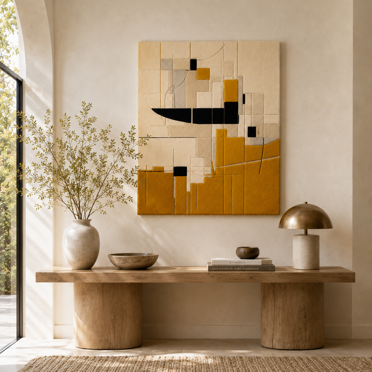 Hewn Earth Mustard Composition II wall art, abstract yellow and brown artwork on canvas, modern decorative piece