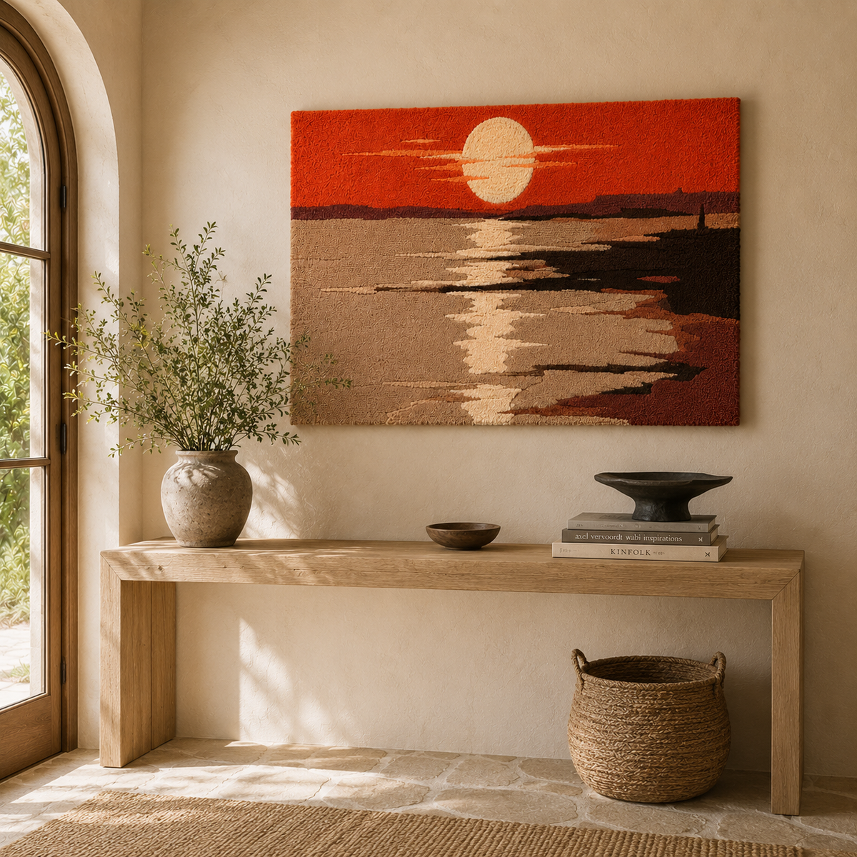 Hewn Earth Coral Horizon HE-0129 wall art featuring vibrant coral and ocean hues on a textured canvas background.
