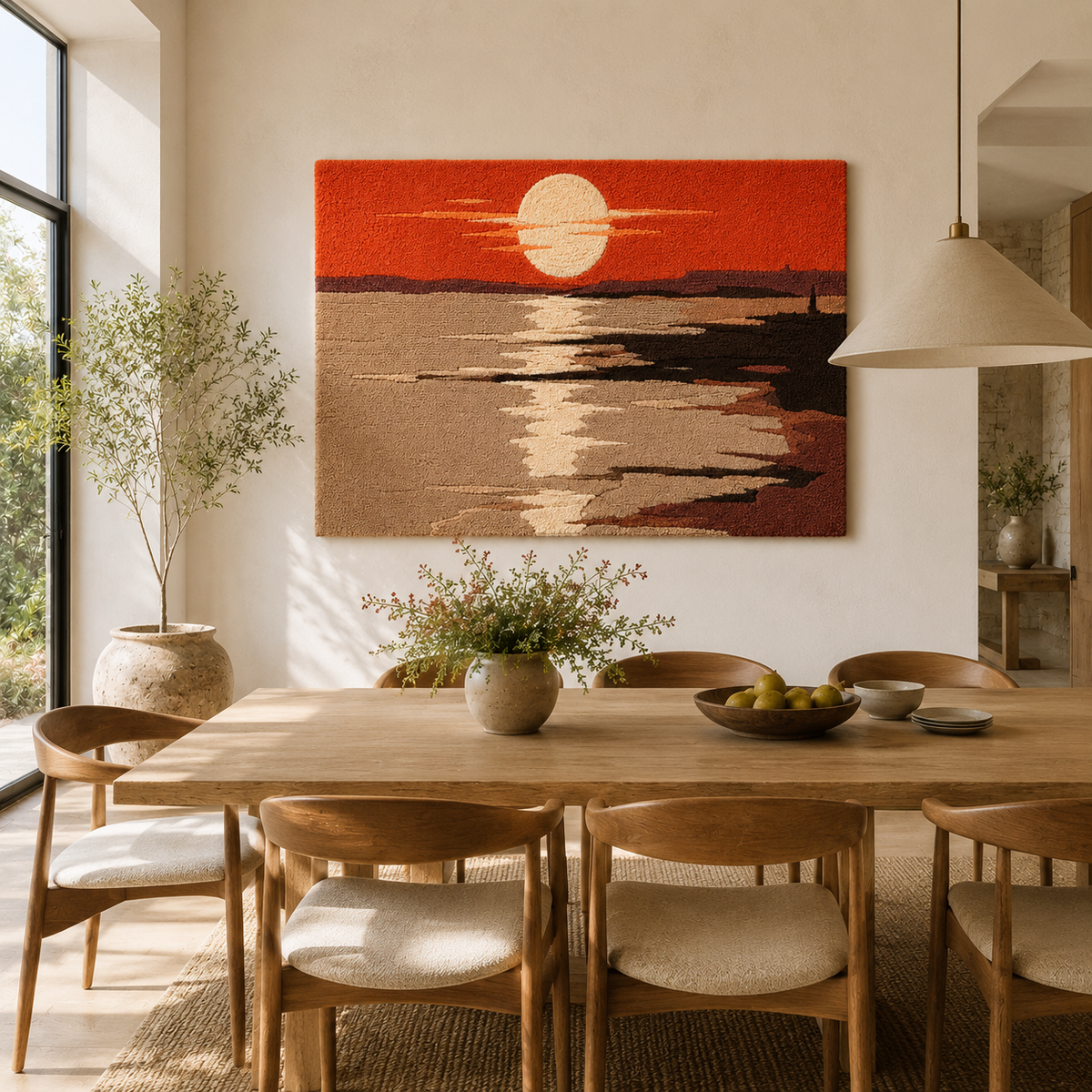 Hewn Earth Coral Horizon HE-0129 wall art featuring vibrant coral and ocean-inspired colors on a textured canvas.