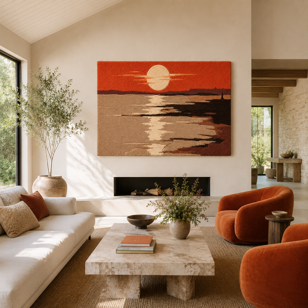 Hewn Earth Coral Horizon wall art, abstract coral and ocean-inspired design, modern home decor piece.