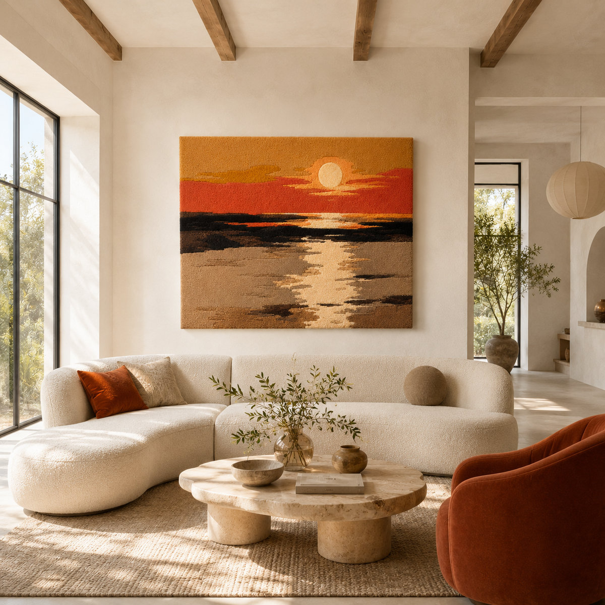 Hewn Earth Amber Horizon wall art featuring warm amber tones and abstract design, perfect for modern home decor.