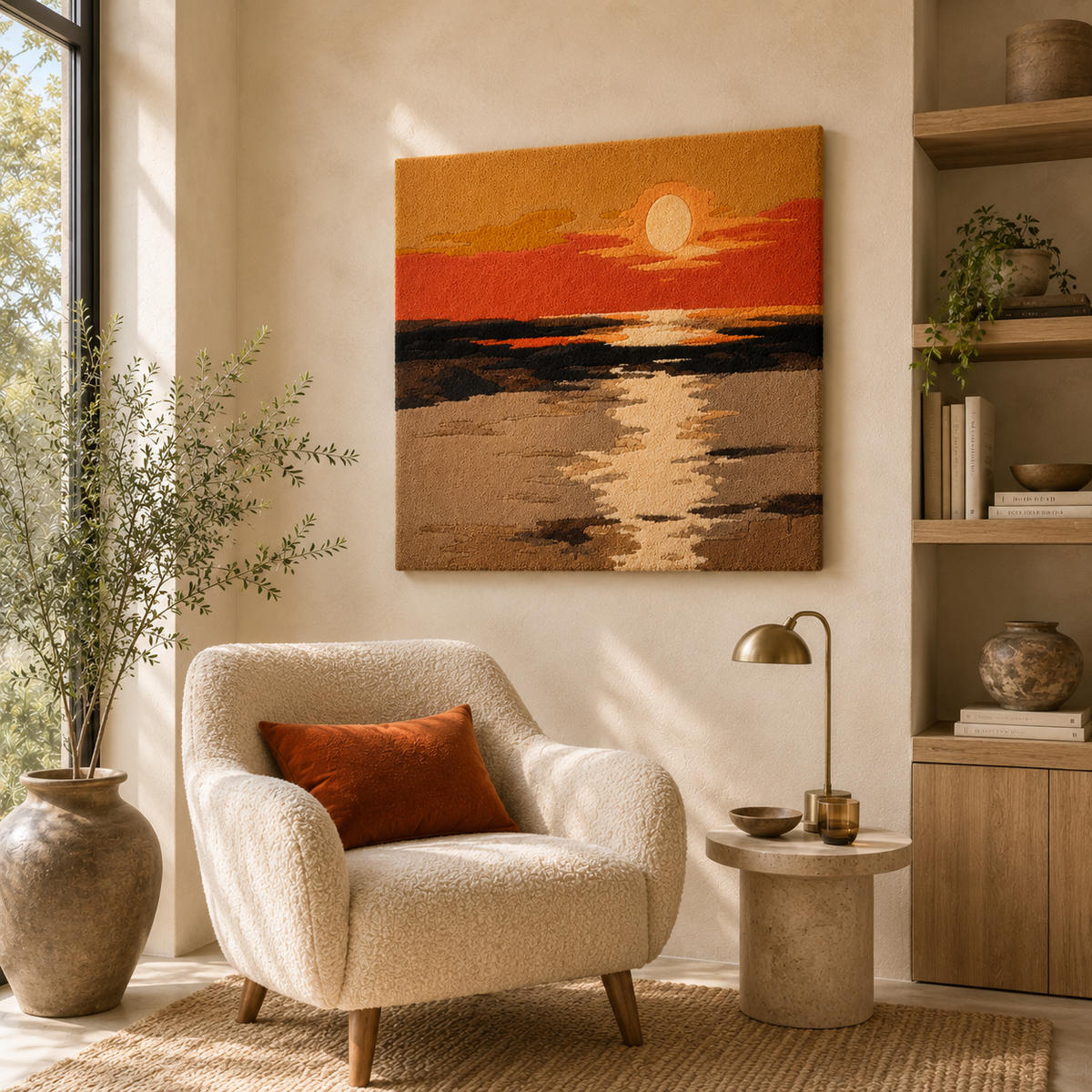 Hewn Earth Amber Horizon wall art, abstract amber and earth tones on canvas, modern decorative home wall decor.