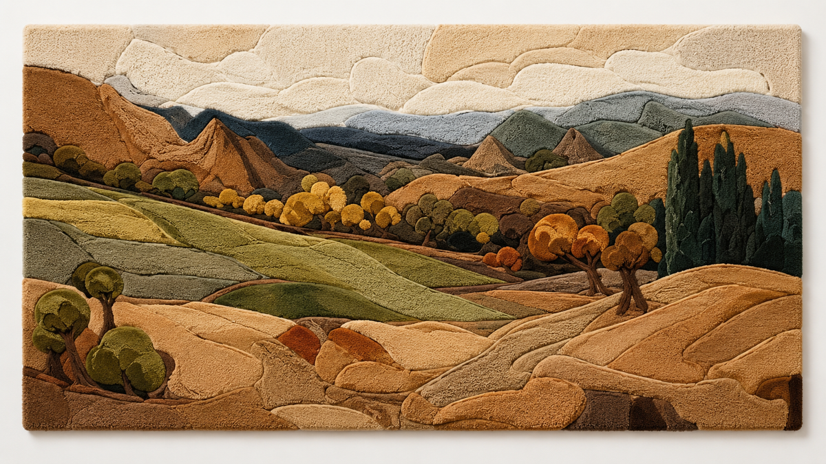 Hewn Earth Tuscan Panorama wall art featuring a scenic landscape with rolling hills and Tuscan countryside in warm tones.