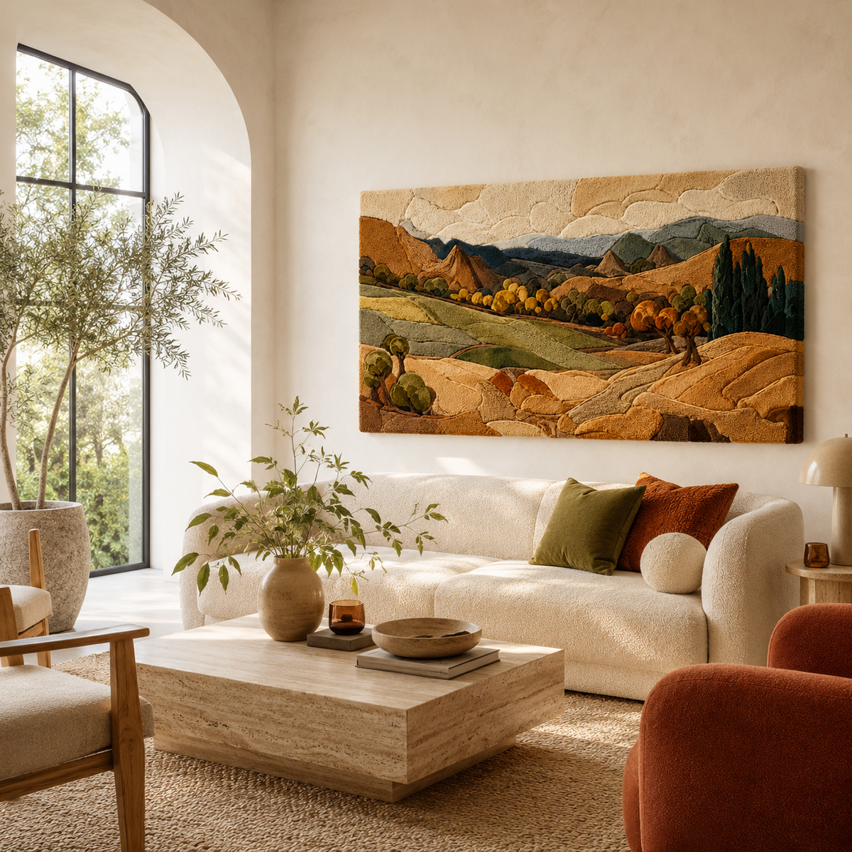 Hewn Earth Tuscan Panorama wall art featuring scenic Tuscan landscape with rolling hills and vibrant sky, ideal for home decor.