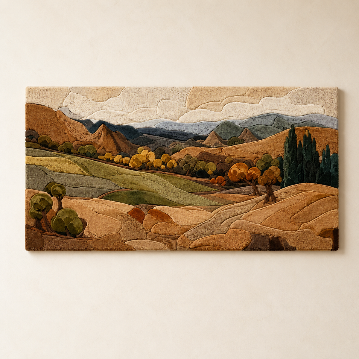 Hewn Earth Tuscan Panorama wall art featuring a scenic landscape in warm earthy tones, ideal for rustic interior decor.