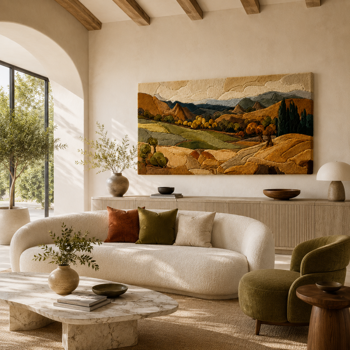 Hewn Earth Tuscan Panorama wall art, scenic landscape painting with rolling hills and blue sky, ideal for rustic home decor.