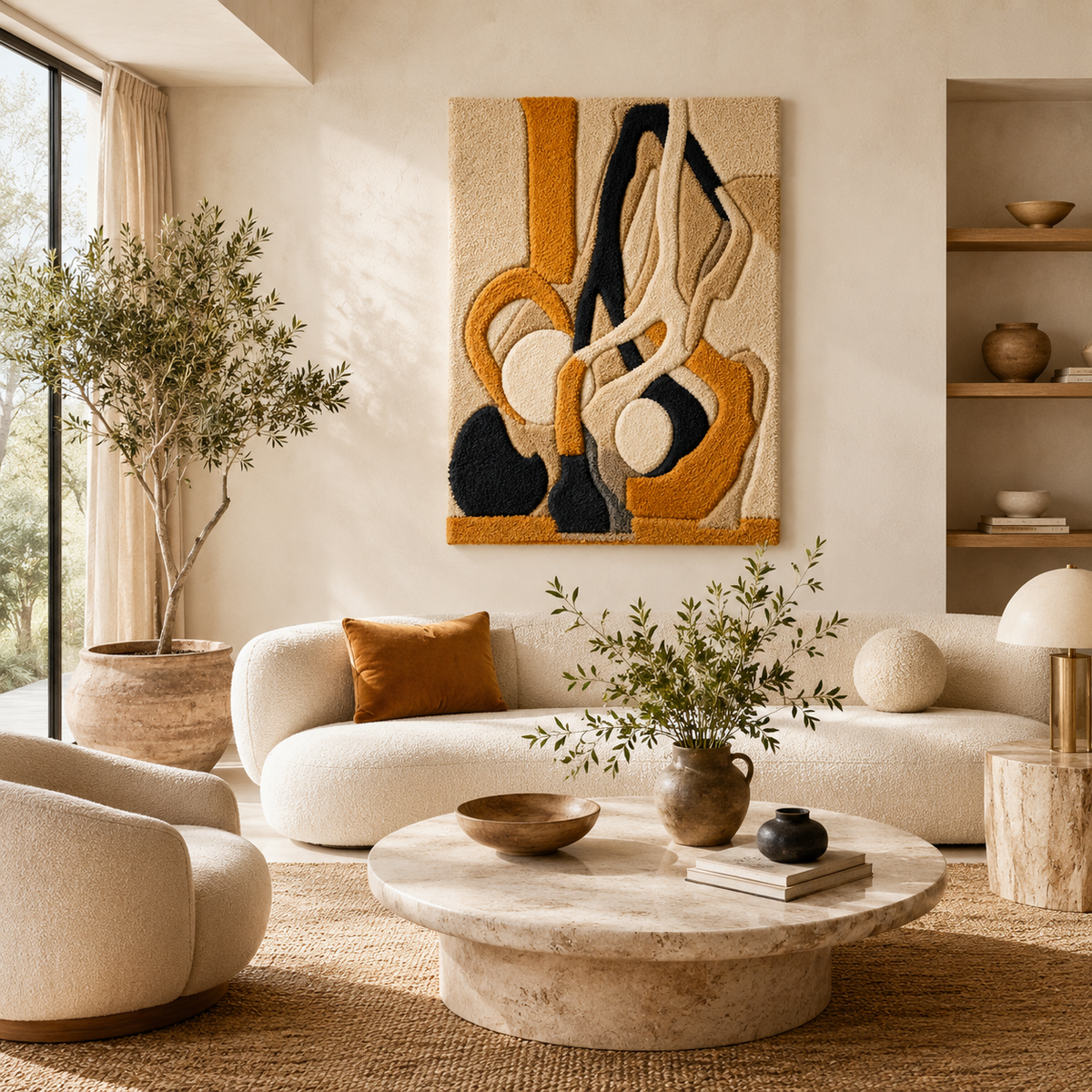 Ochre Currents wall art by Hewn Earth featuring abstract, flowing ochre and white design on a modern canvas.