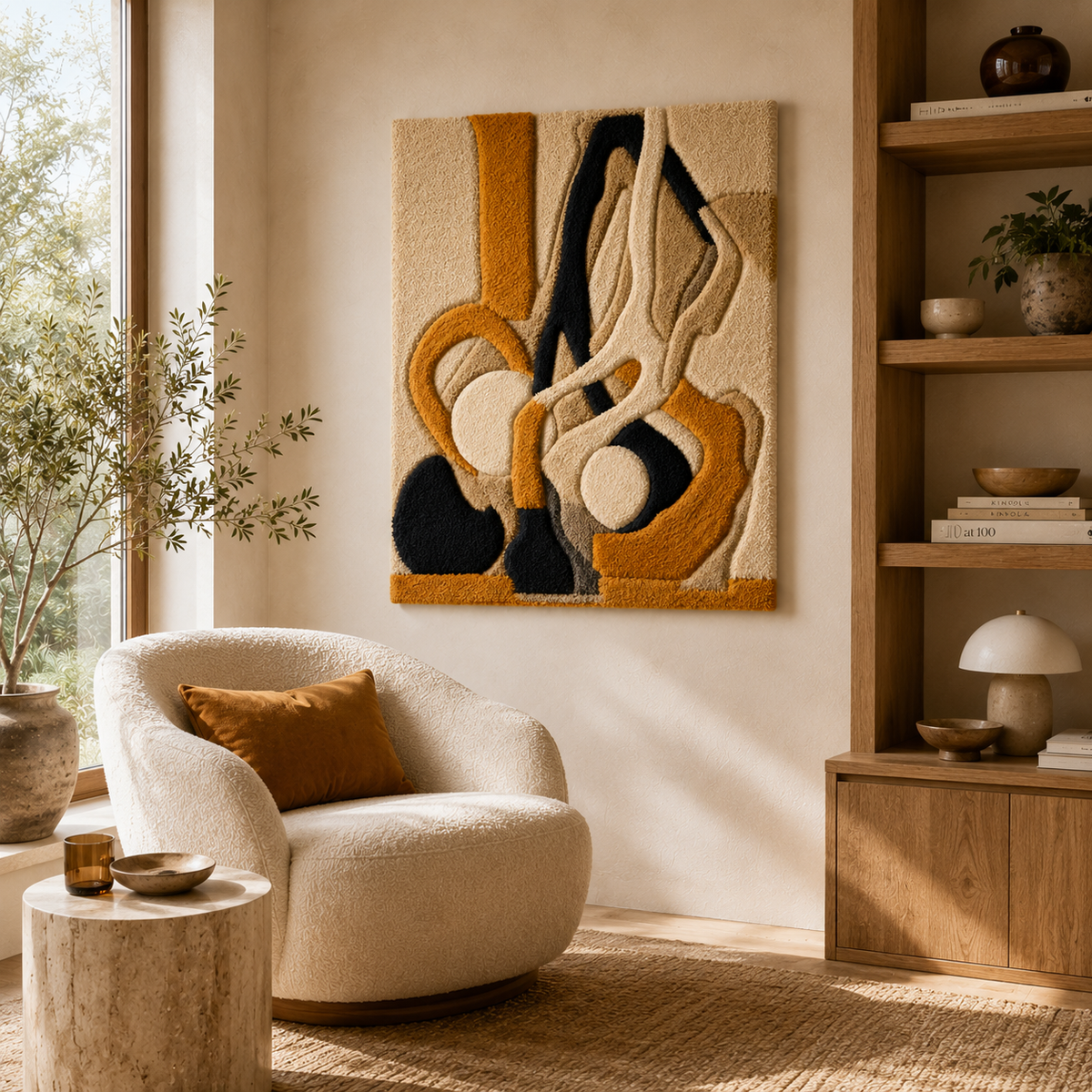 Ochre Currents wall art by Hewn Earth featuring abstract flowing shapes in warm ochre tones on a neutral background.